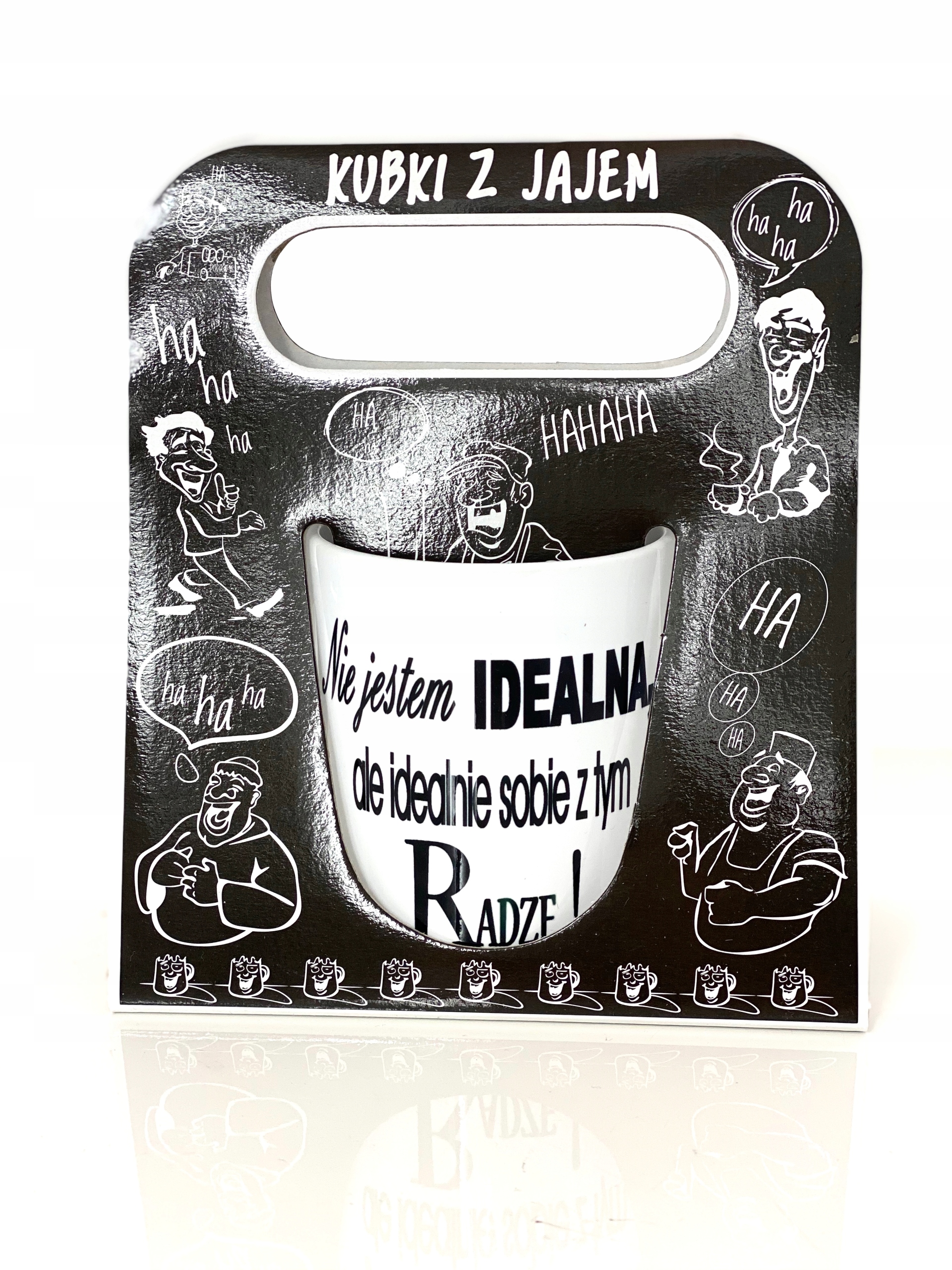 kubek ceramiczny 'Nie jestem Idealna...' biały  w ozdobnym czarnym opakowaniu — 2