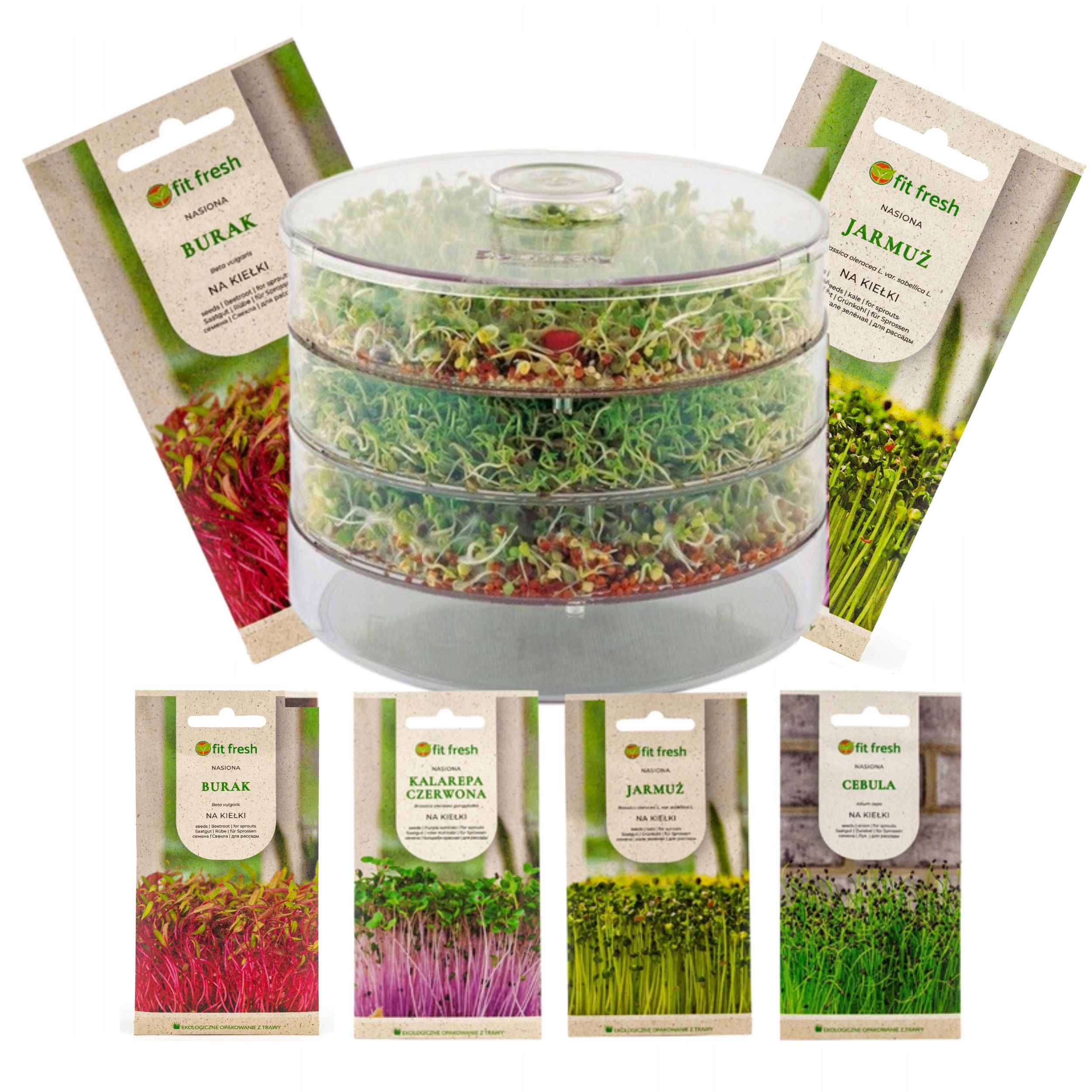 Kiełkownica 3 Szalki +6 opakowań nasion kiełki pyszne zdrowe źródła witamin