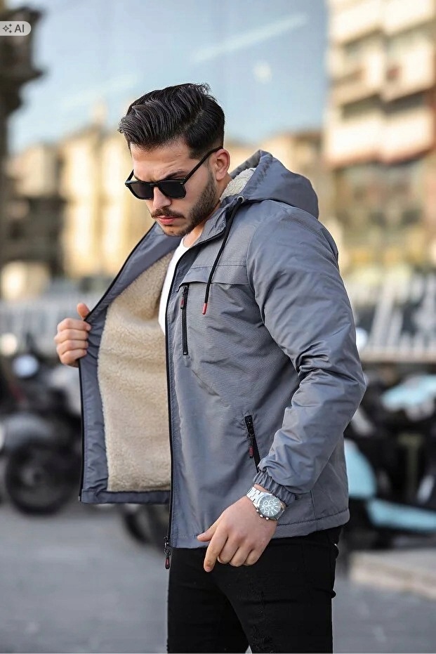 Pánská Bunda S Kapucí Měkká Sportovní Šedá XL 5IA