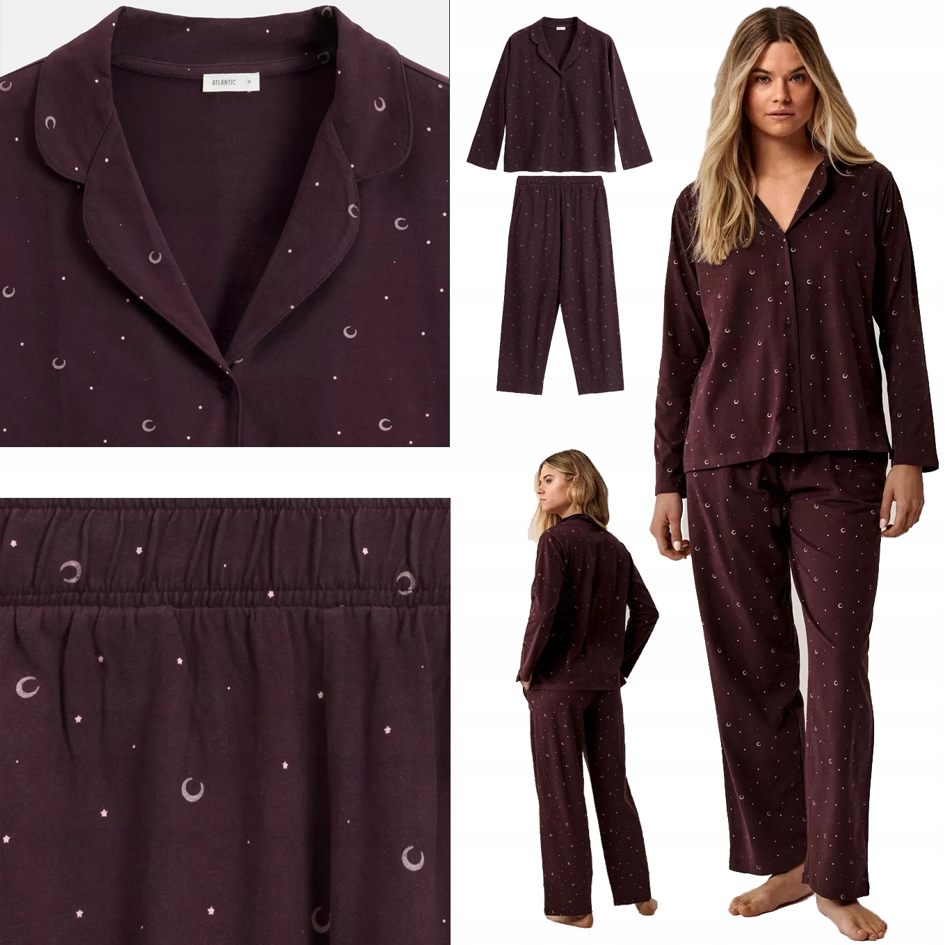 Atlantic dámské dlouhé rozepínací pyžamo jz25 Nlp kapsy límec vínový S