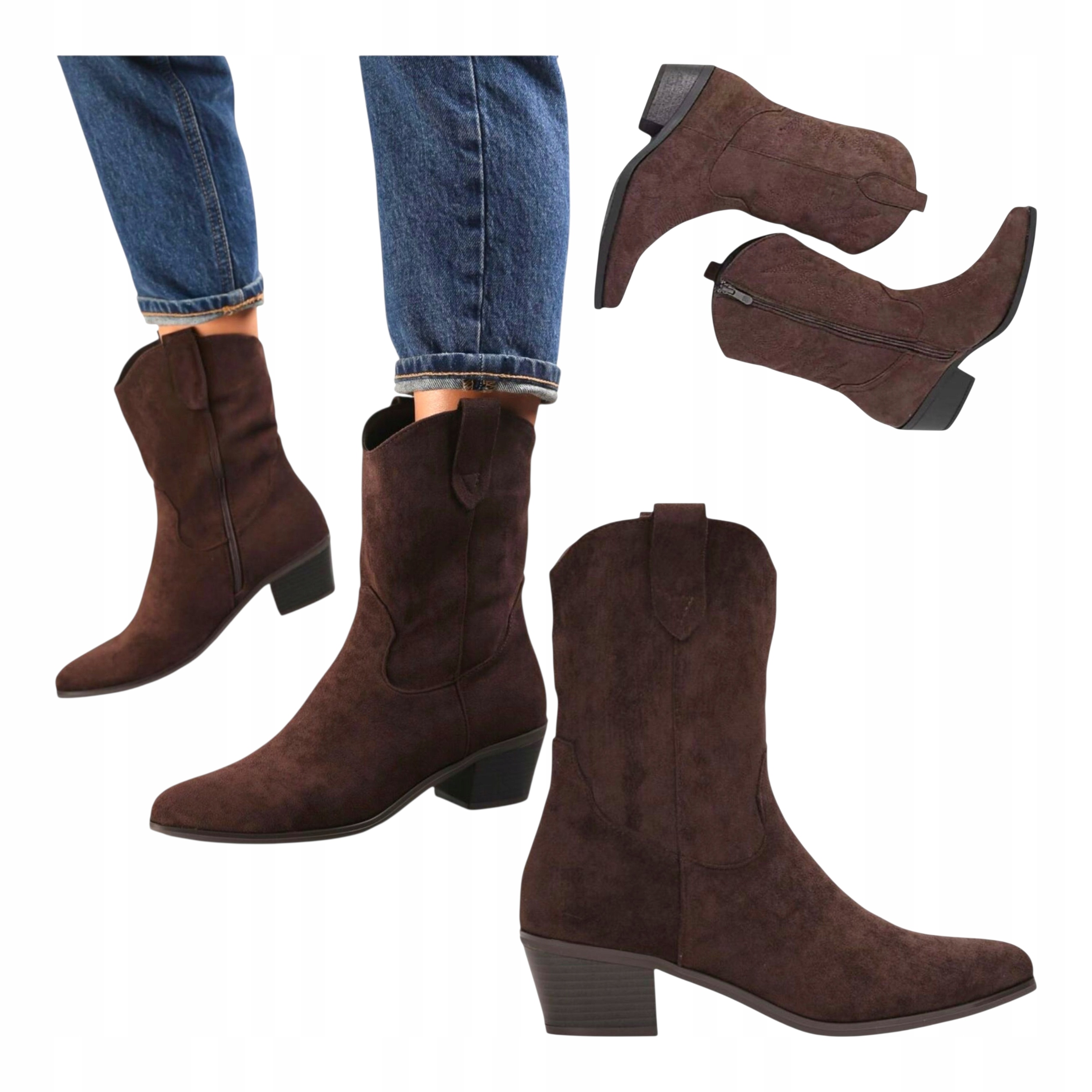 Dámské Kotníkové Boty na podpatku Klasické Kovbojské Boty Kožené Semišové Hnědé vel. 39