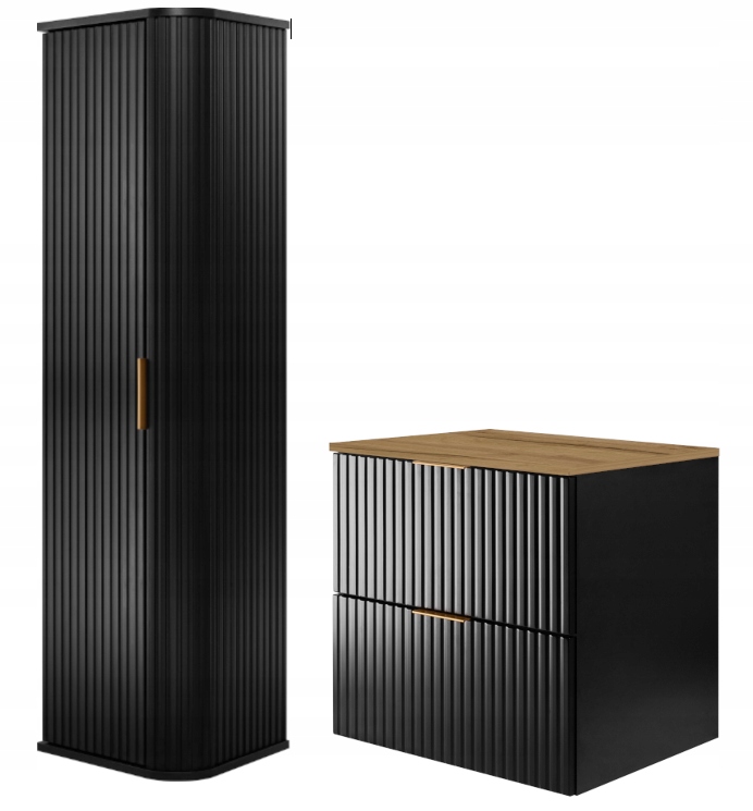 Koupelnová sada Závěsná skříňka 60 cm Černá Sloupek Rýhované čelní desky!