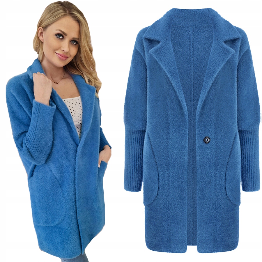 ALPAKA CIEPŁY PŁASZCZ NARZUTKA WEŁNA KOLORY JEANS