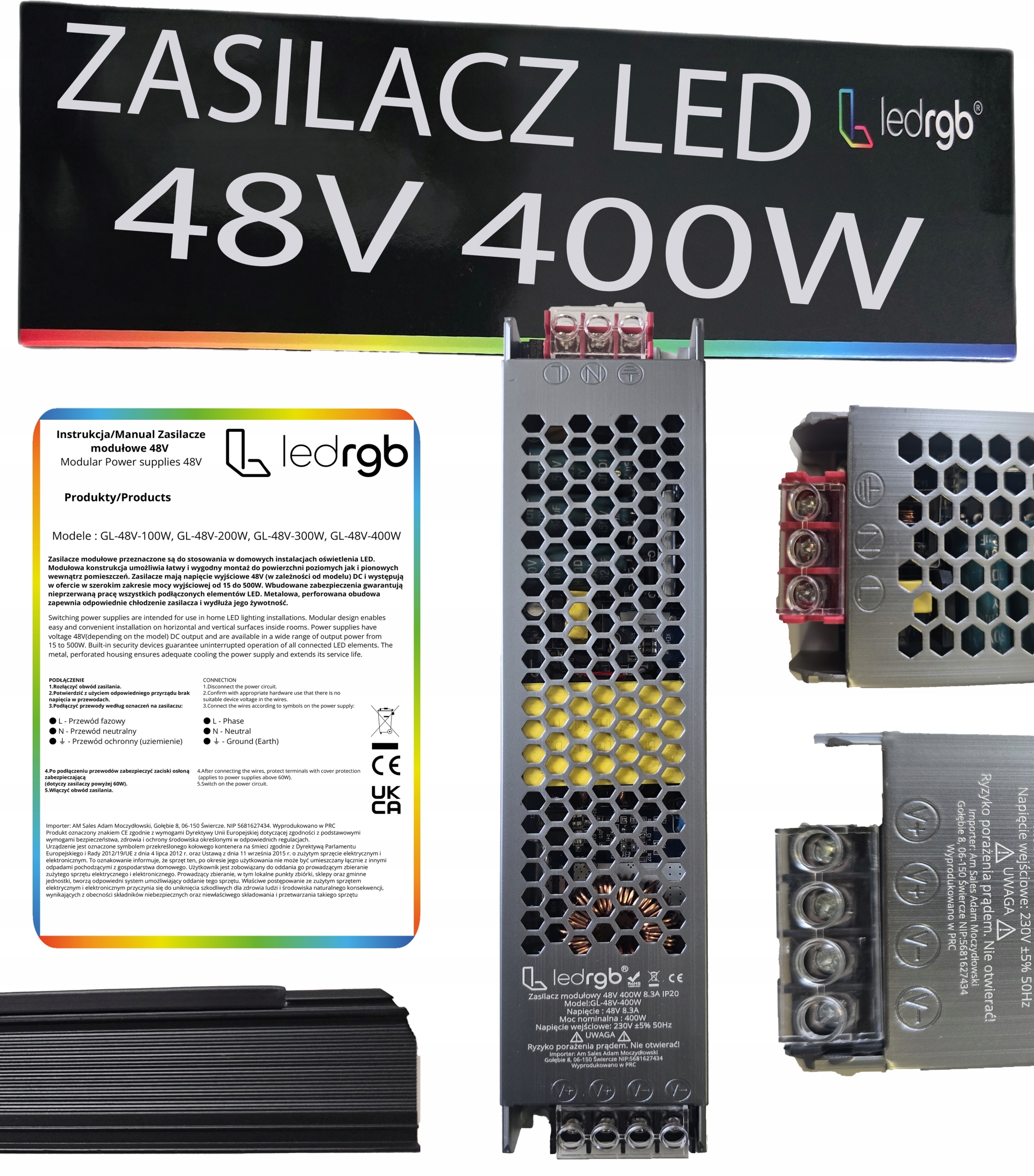 Montážní napájecí zdroj 48V 8.3A 400W Premium pro Led modulární Ac DC Slim Výkonný