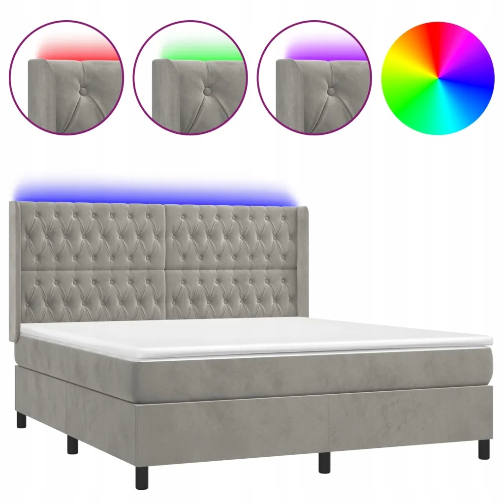 Kontinentální postel s matrací a Led diodami, světle šedá 203x183x118/128 cm