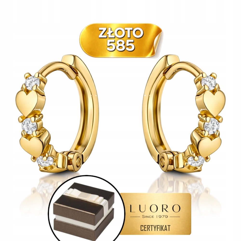 Náušnice Zlaté 585 14K Srdce Na Kreolu 11 MM S Elegantními Zirkony