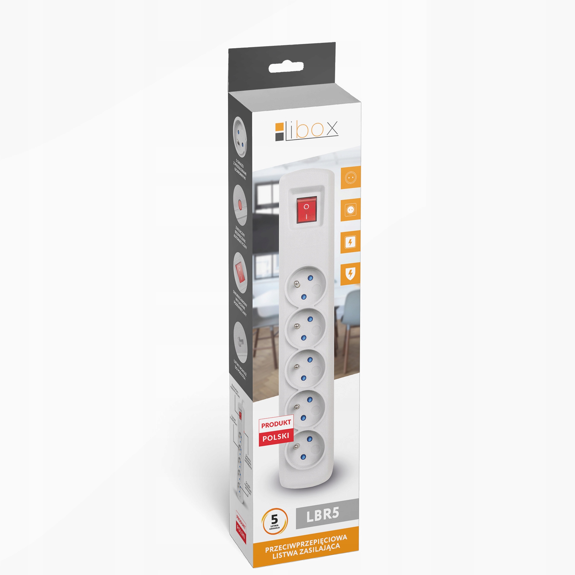 LISTWA ZASILAJĄCA PRZEPIĘCIOWA LIBOX 5 GNIAZD 1,5m Kolor szary