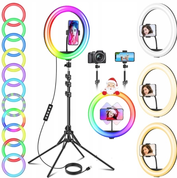 Lampa Pierścieniowa Ring Do Makijażu Led Selie Uchwyt Na Telefon Rgb XXL