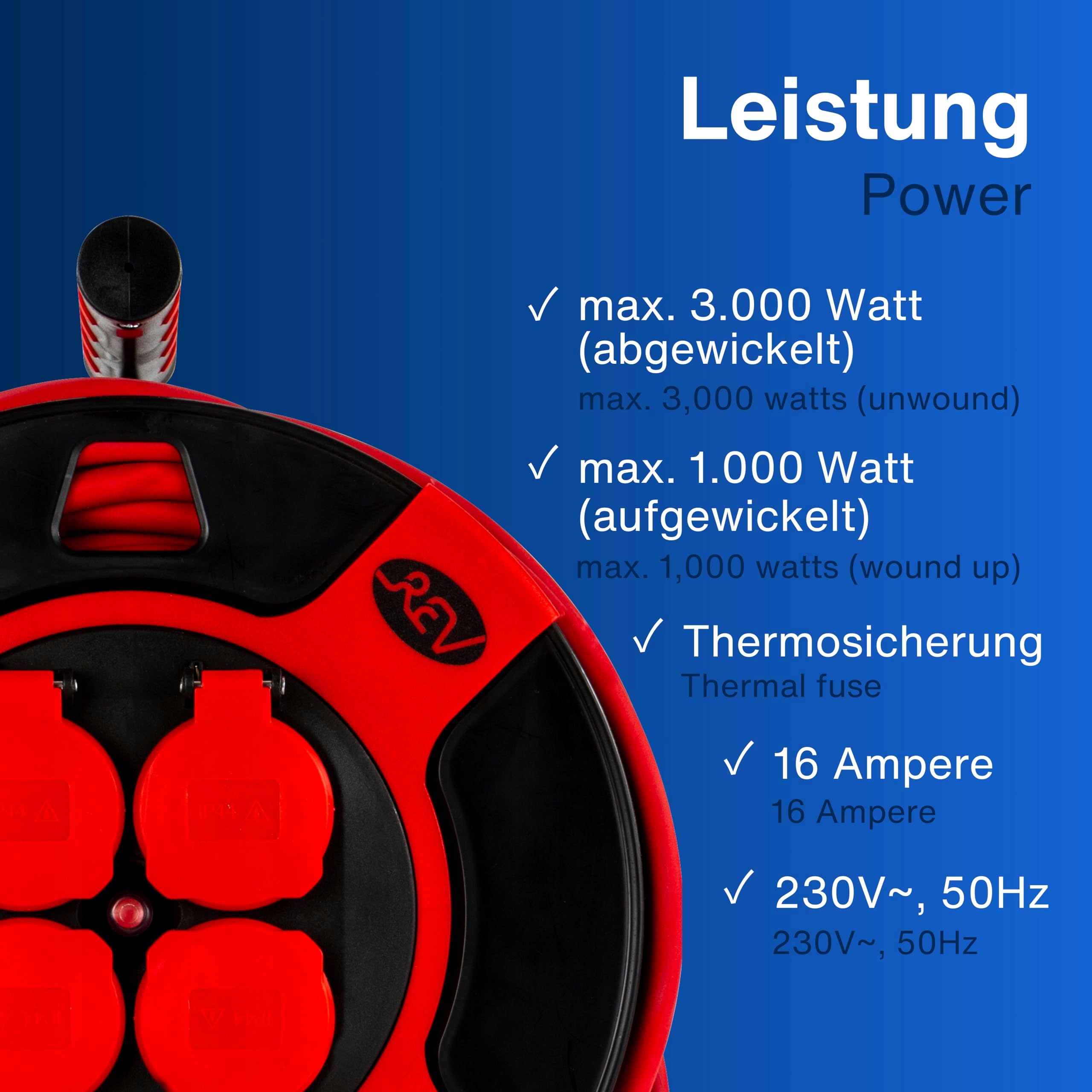 REV Kabel Bębnowy 40m H07RN IP44 3000W Przedłużacz 4 Gniazda — miniatura 7