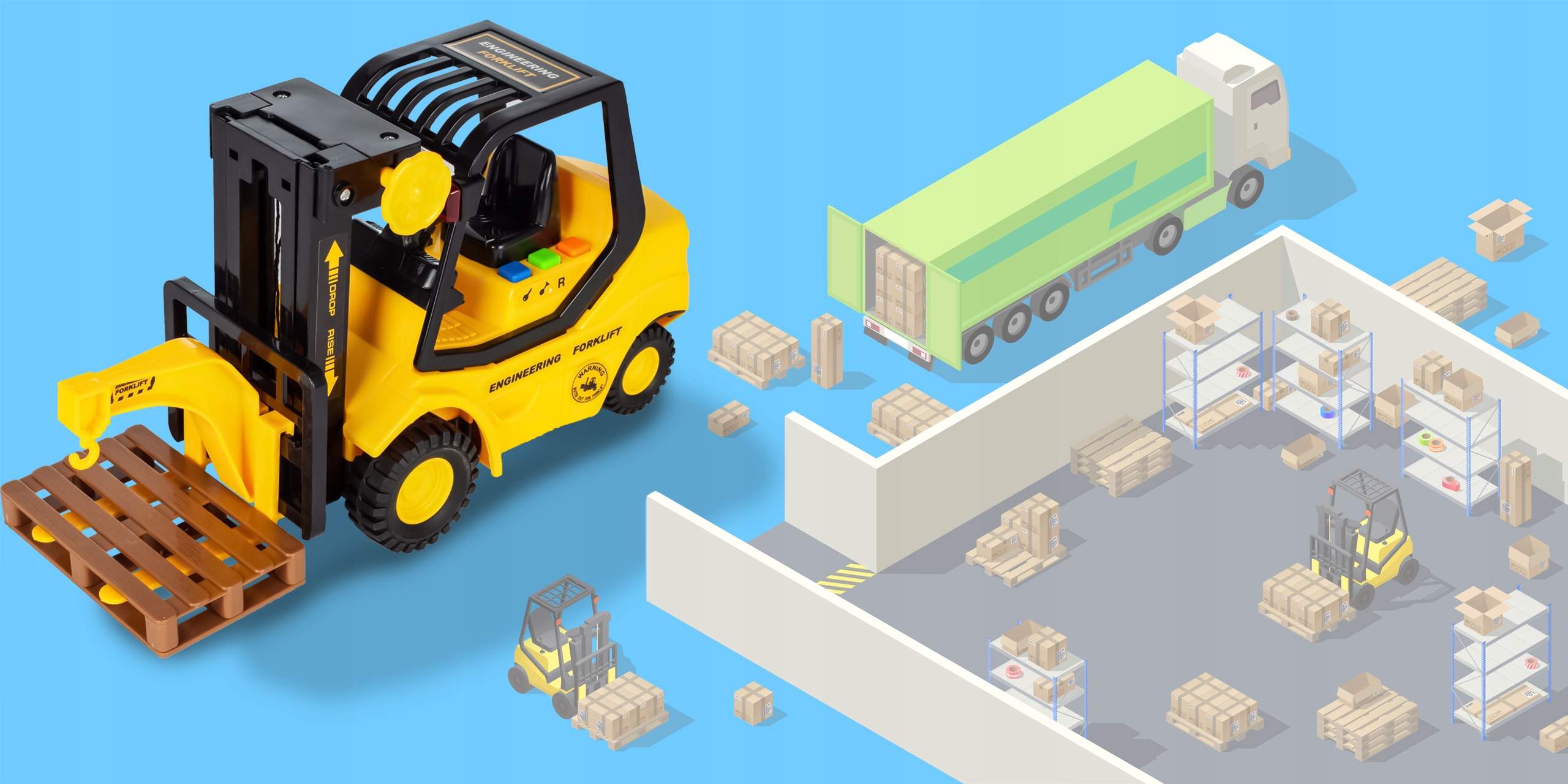 WÓZEK WIDŁOWY PALETOWY PALECIAK ZABAWKA DLA DZIECI DŹWIĘK ŚWIATŁO PALETA Skala nie dotyczy