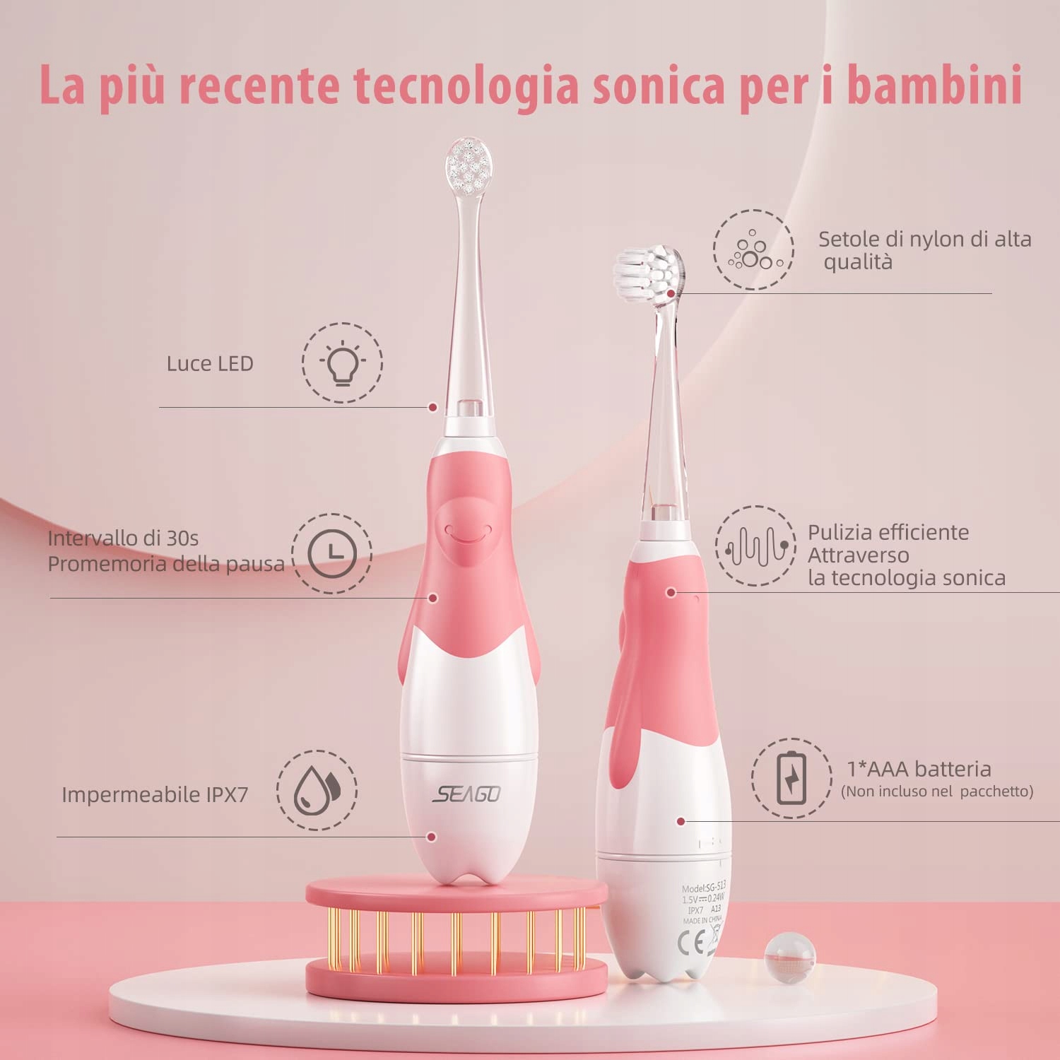 SEAGO Elektryczna Szczoteczka Soniczna Dla Dzieci 0-3 Lat LED IPX7 Różowa — miniatura 2