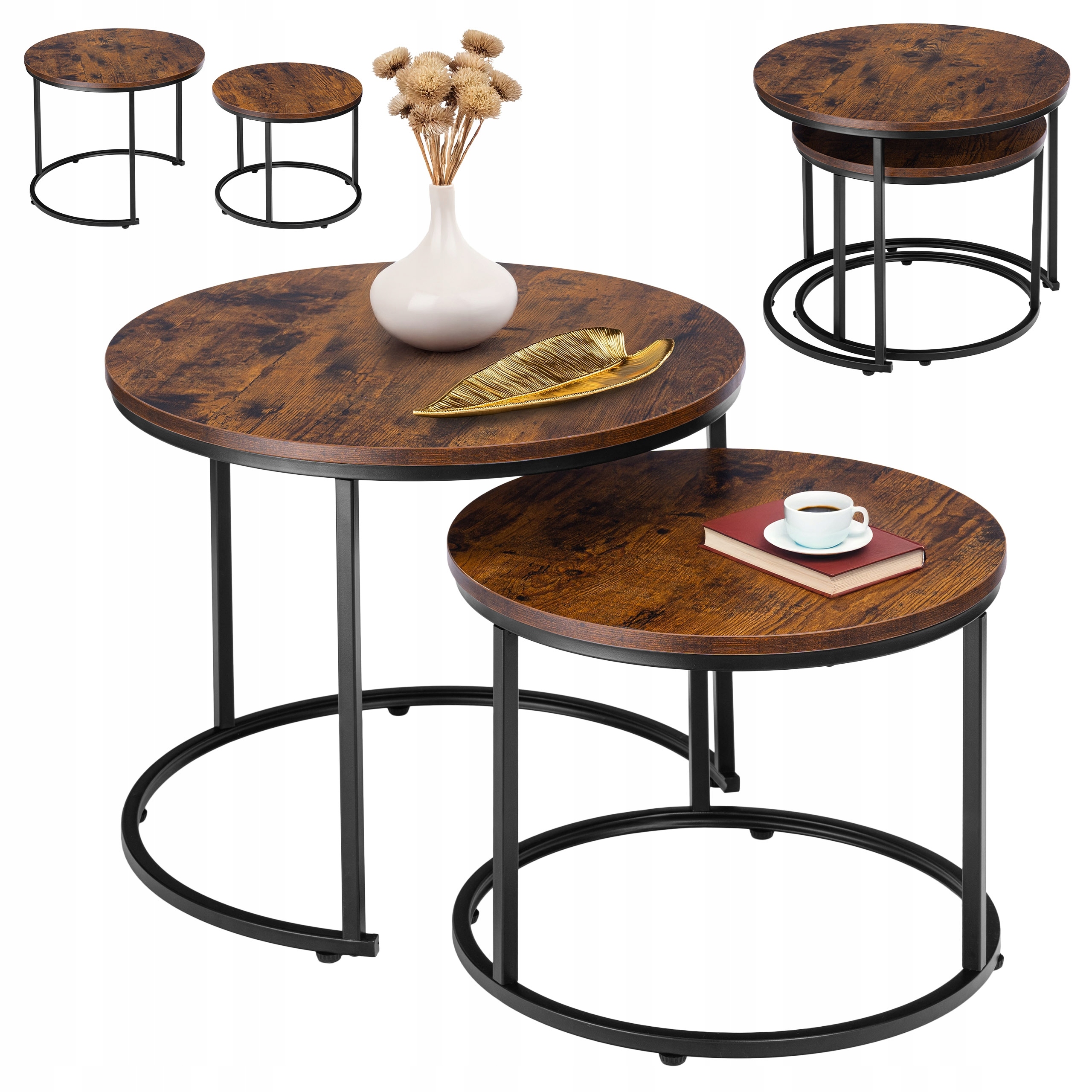 Sada Konferenčních Stolků 2v1 Kulatý Konferenční Stolek Do Obývacího Pokoje Loft Rustic