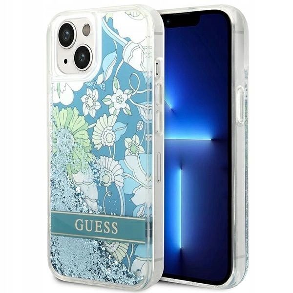 Etui Guess Flower Liquid Glitter na iPhone 14 zielone
