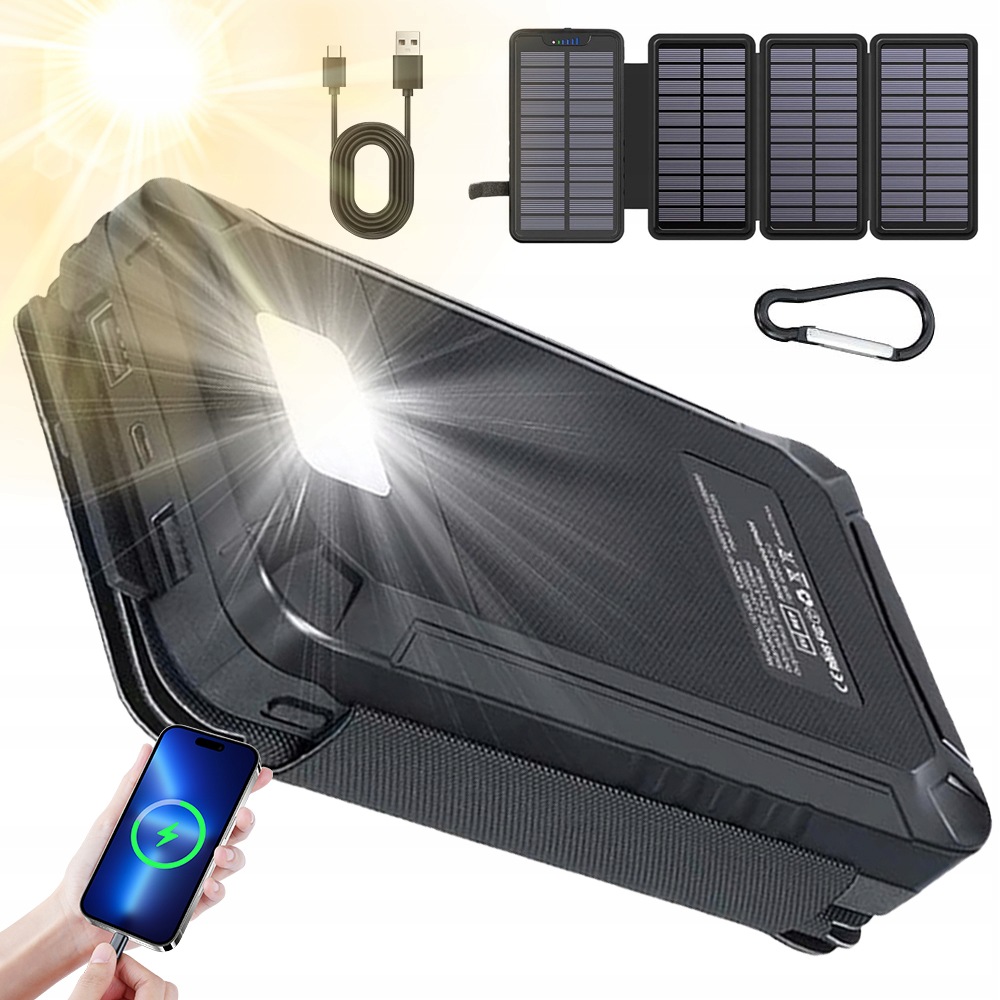 Solární Powerbanka 26800MAH 4 Panely 10W Led Svítilna Karabina Outdoor Omáčka