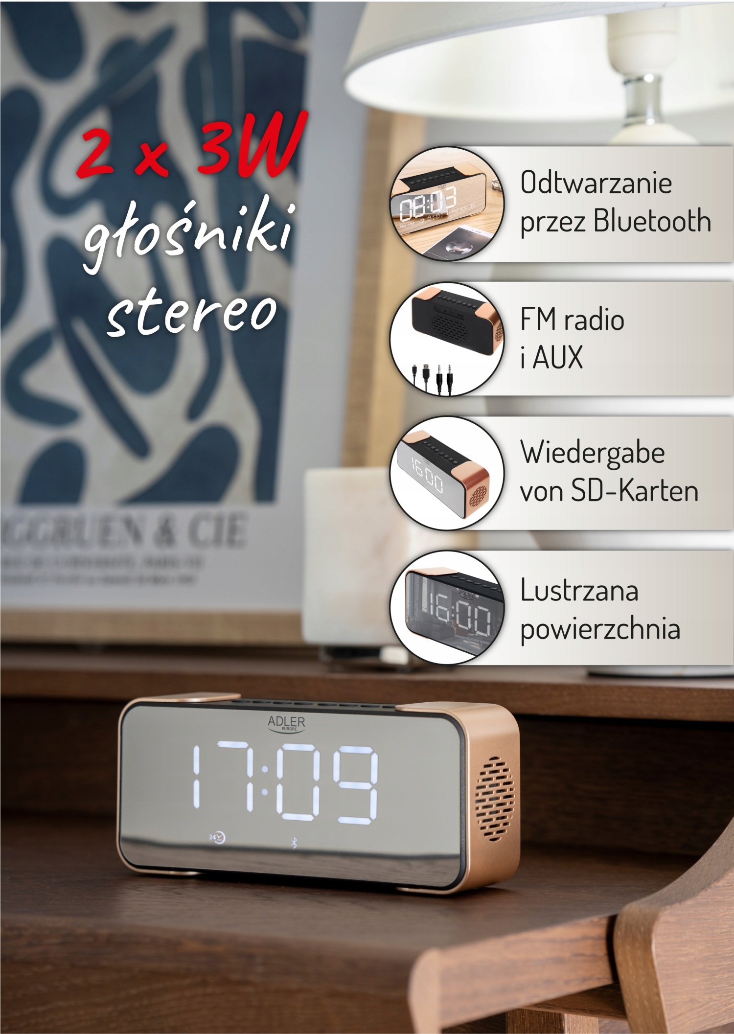 Radiobudzik AD 1190 Copper Bluetooth 5.0 FM USB SD AUX