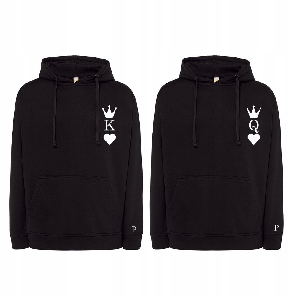 Mikiny Pro Páry S Výšivkou King Queen Na Den Kluků, Iniciály, 2 Ks, Černé