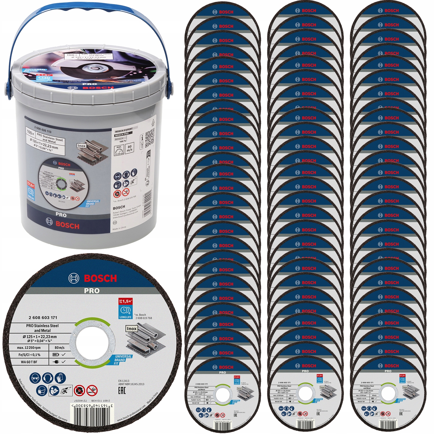 Kotouče na řezání kovu z oceli Inox 125x1,0 mm nádoba 100ks Bosch