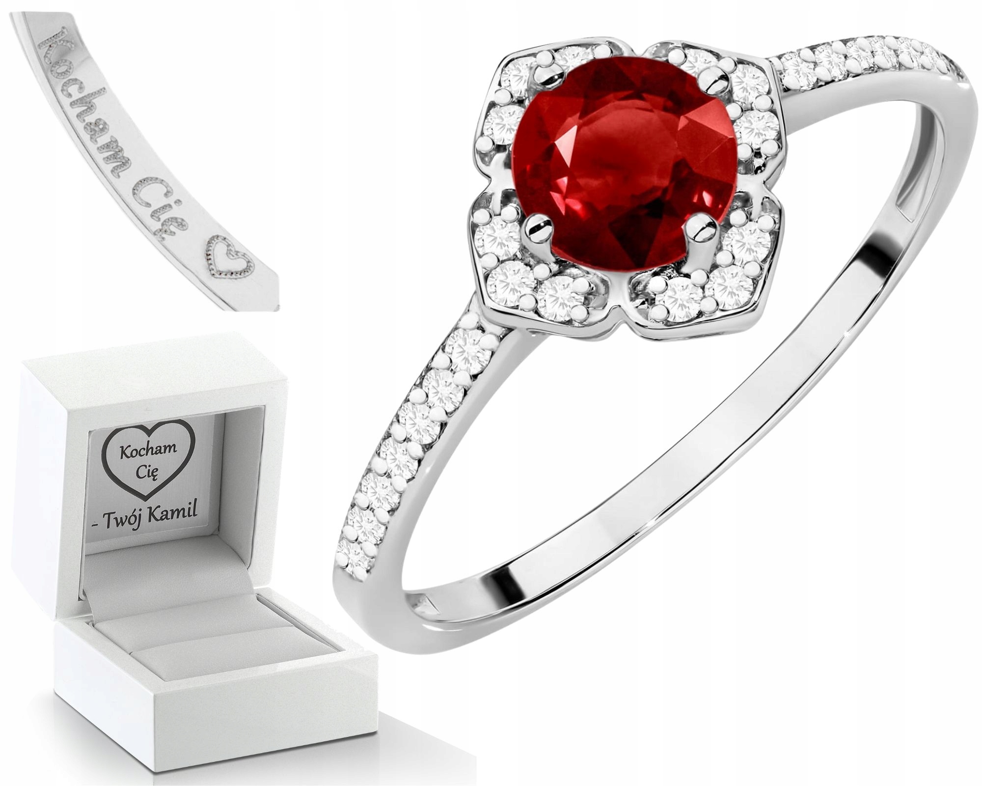 Prstýnek Z Bílého Zlata S Granátem Gravírování Diamanty, Zlato 585 14K Jako Dárek, Dárek