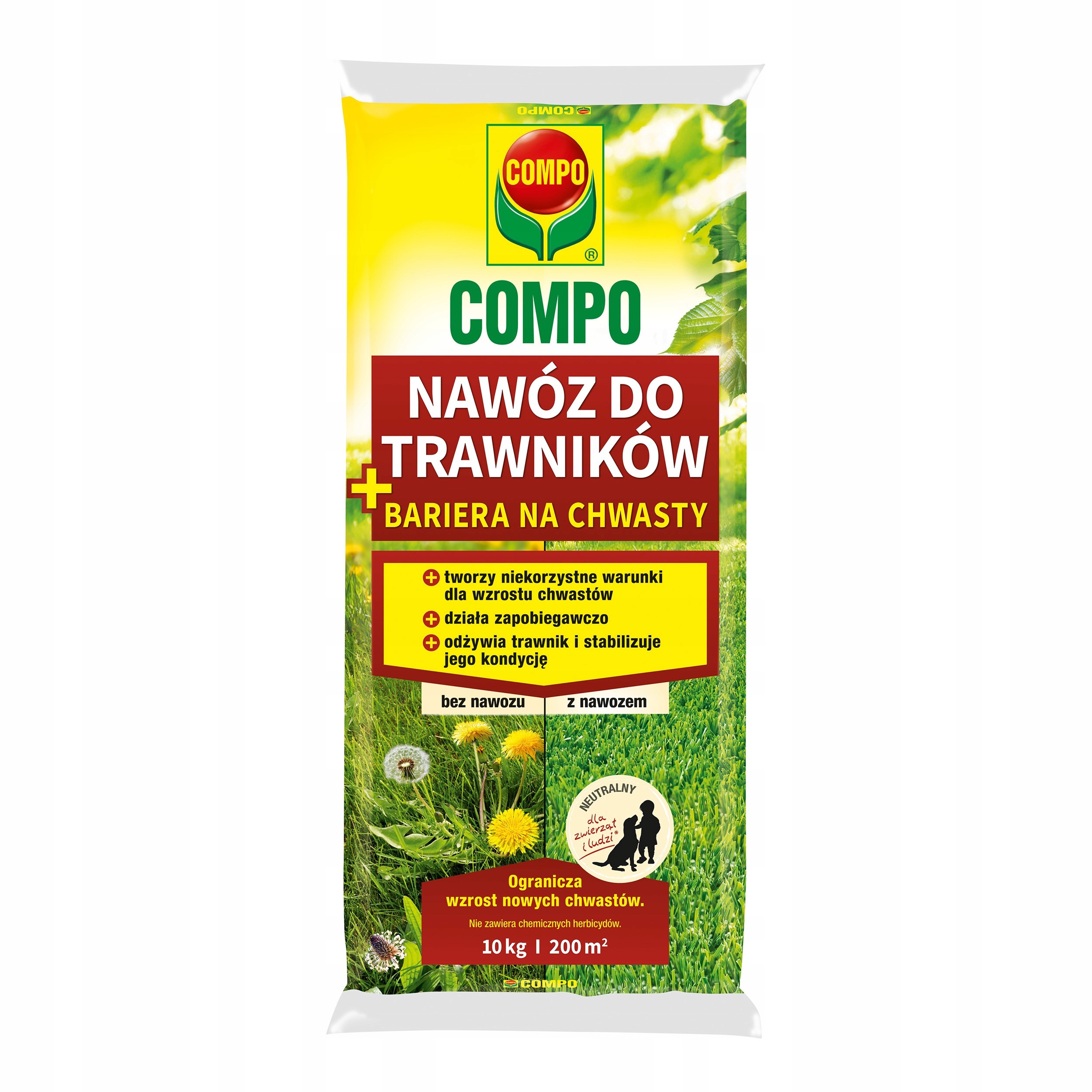 Nawóz do trawników z bariera na chwasty neutralny dla zwierząt Compo 10kg