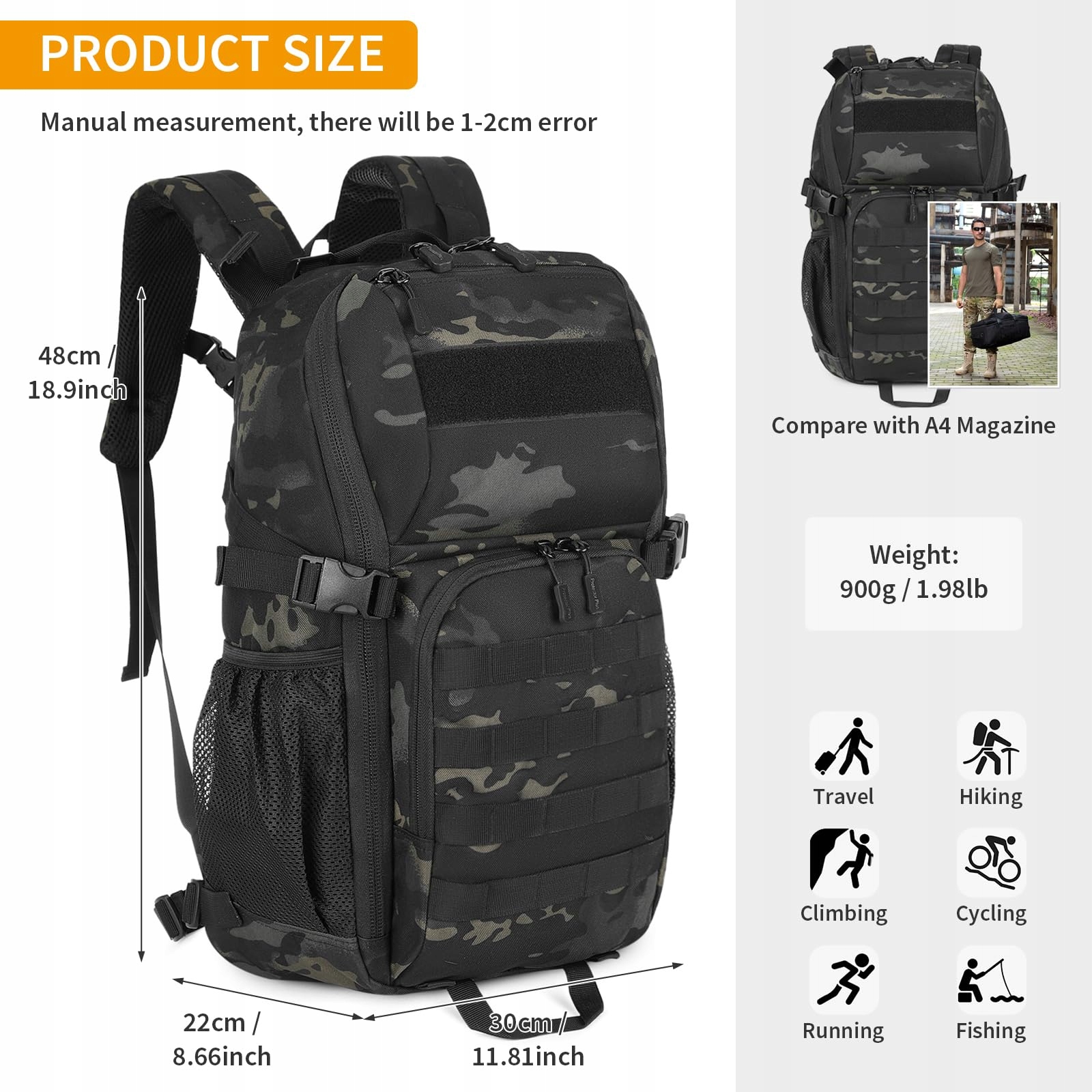 HUNTVP Plecak Wojskowy 25L Taktyczny Wodoodporny MOLLE Outdoor Camo — miniatura 3