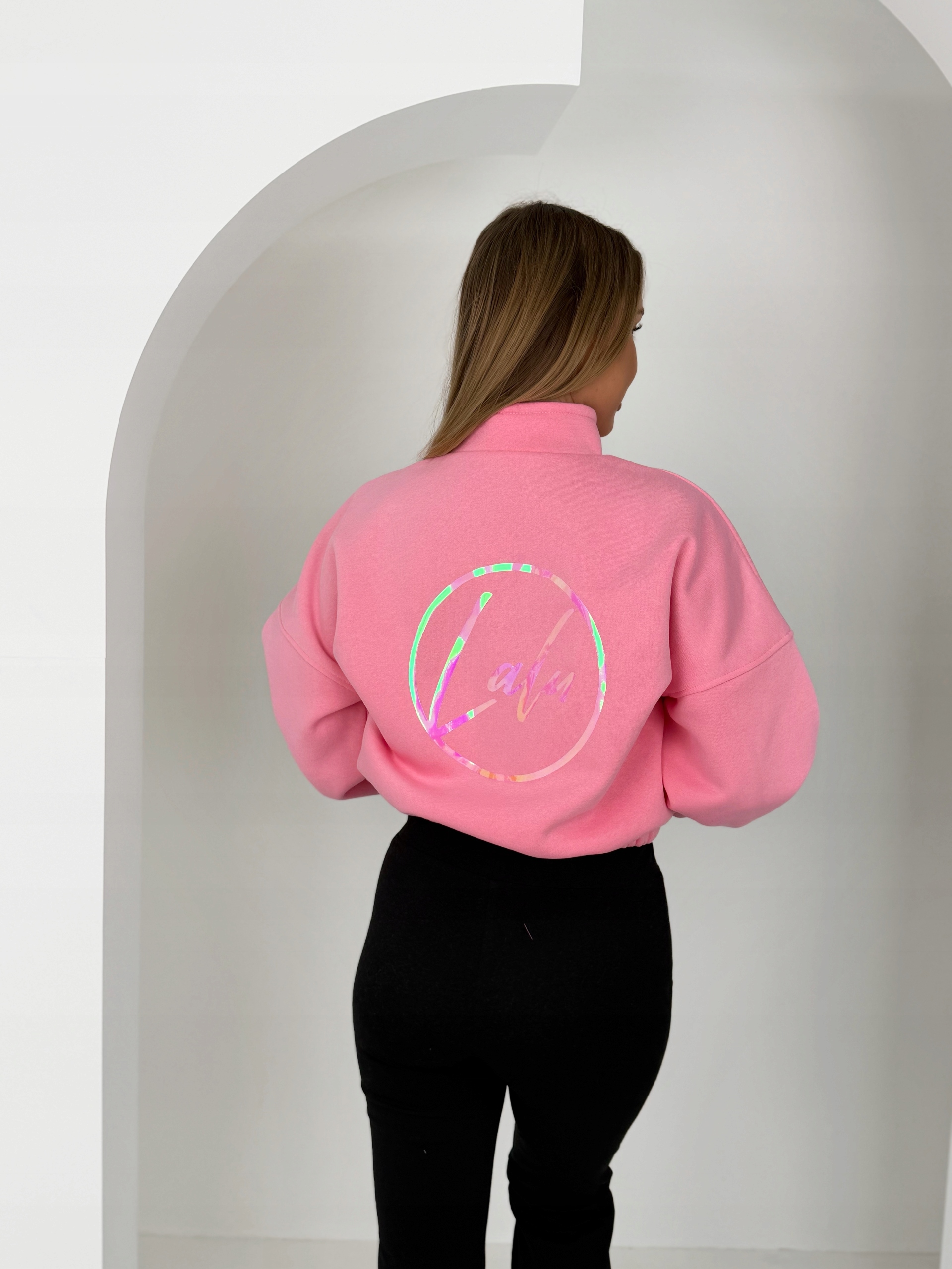 Dámská Mikina LaLu Holo oversize se stojáčkem na zip, bonbónově růžová
