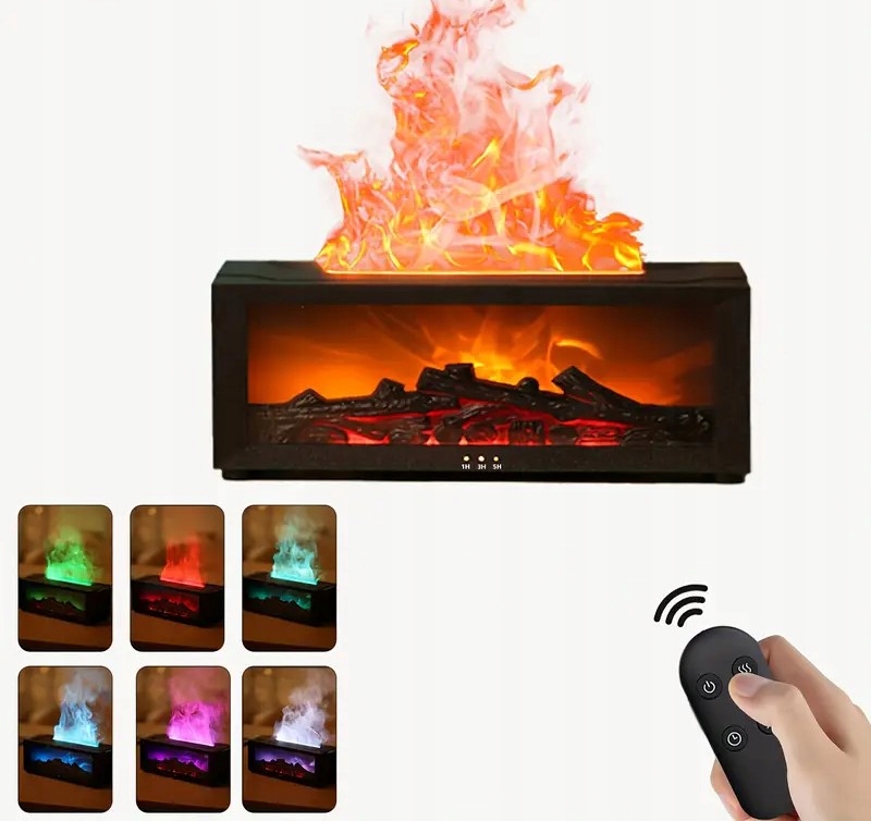Zvlhčovač vzduchu s efektem krbu, difuzér, 6 barev Rgb černý