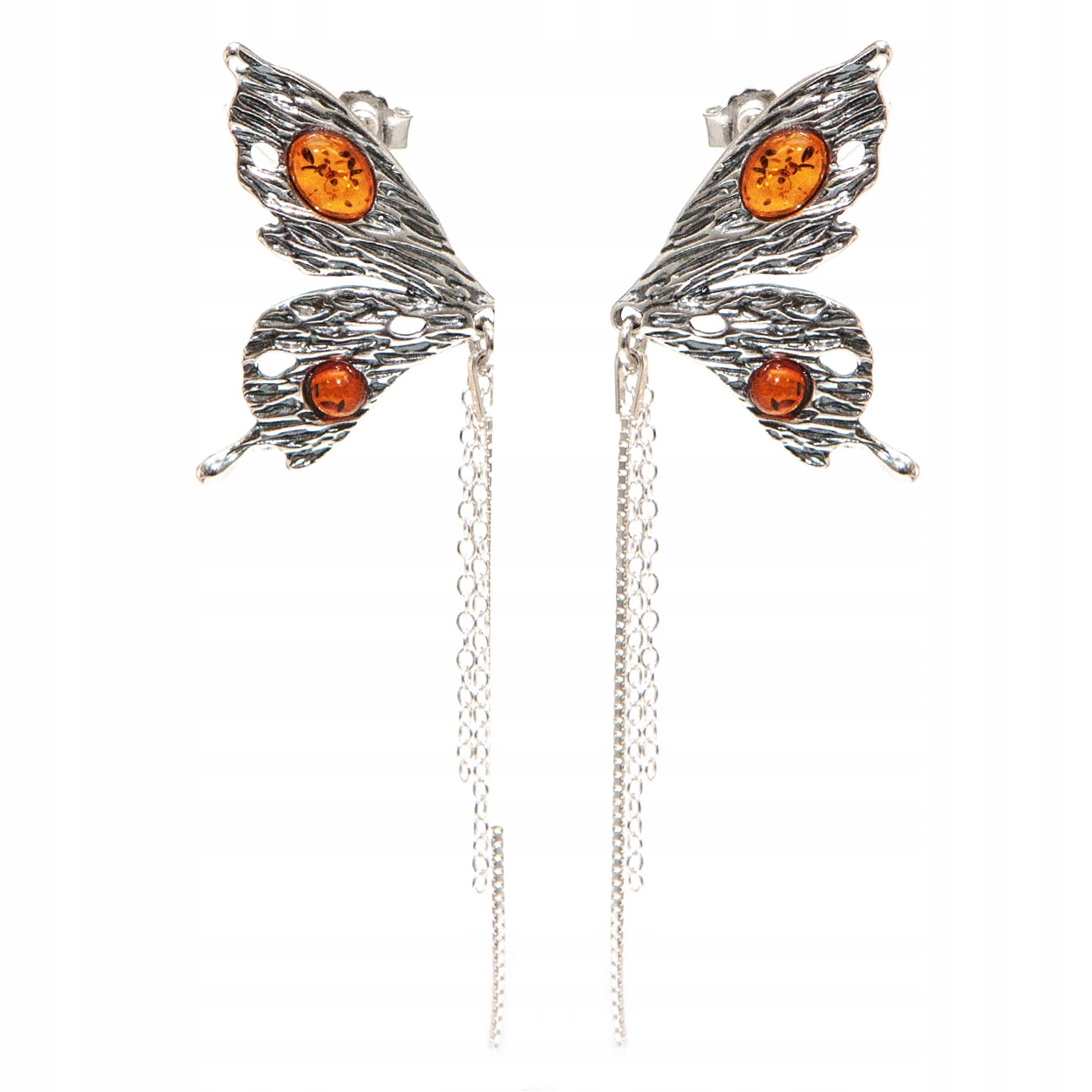 Stříbrné náušnice s jantarem, přívěsky s motýly, stříbro koňakový jantar