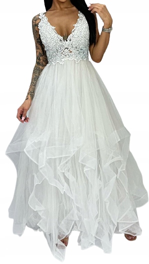 MD bílá dlouhá večerní šaty s volánem tyl krajka maxi svatba svatební hostina S