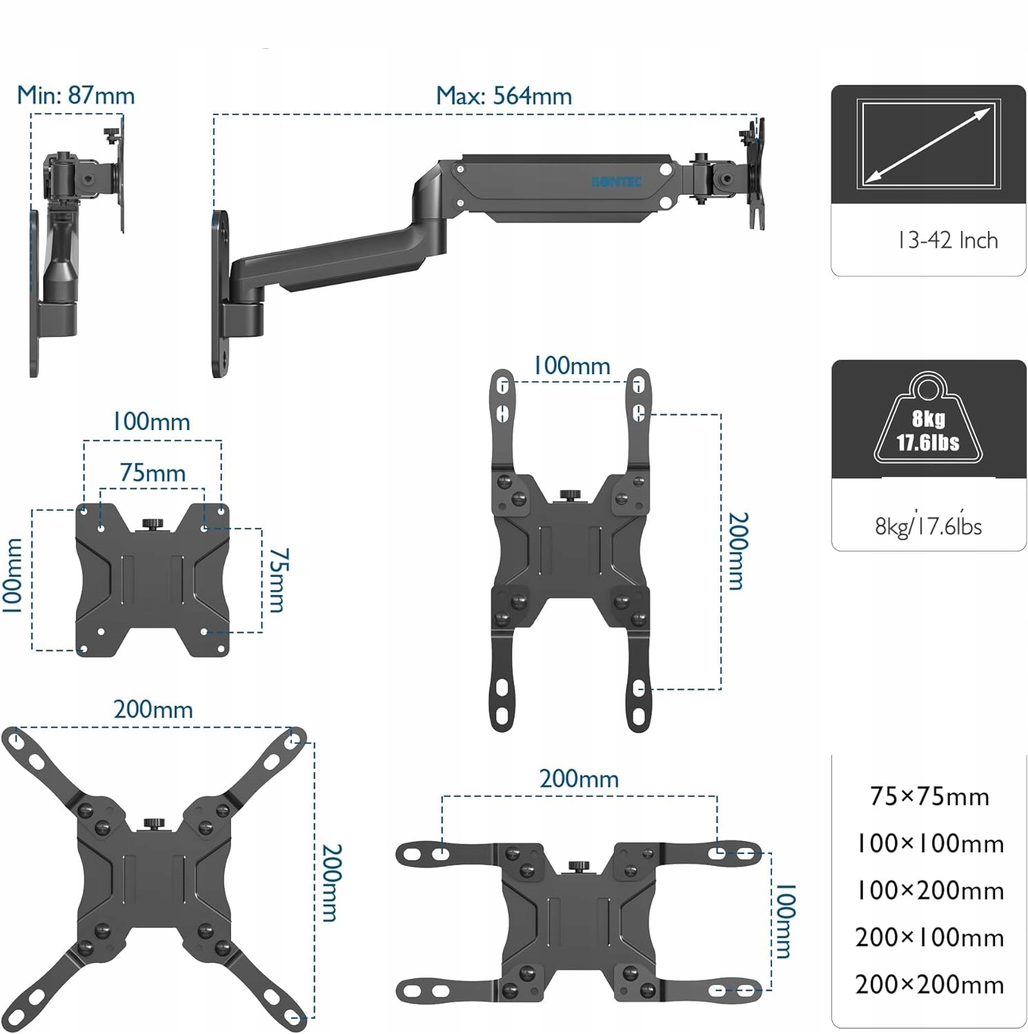 UCHWYT ŚCIENNY DO TV MONITORA PC 13-42 CALI 8KG (957) Stan opakowania uszkodzone