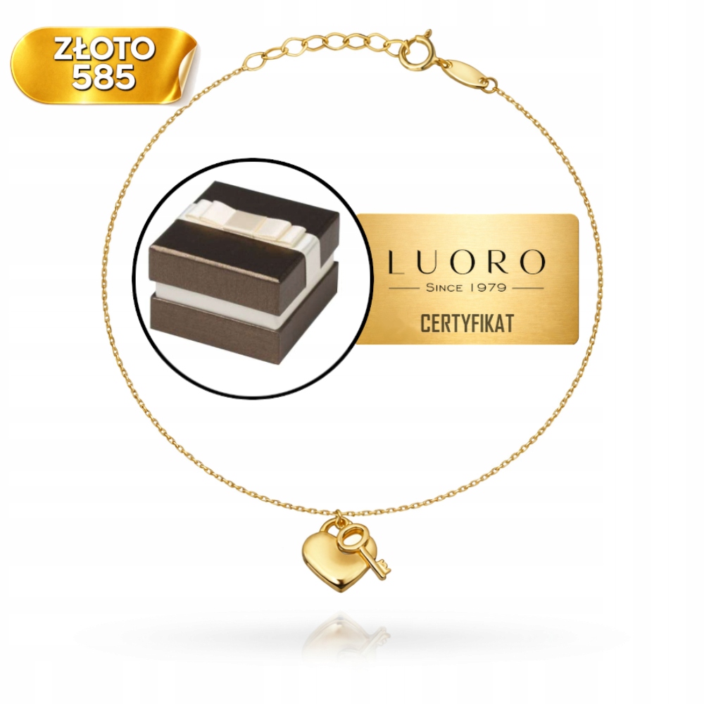 Zlatý Náramek 585 14K Srdce A Klíček 17 CM Nastavitelný Elegantní