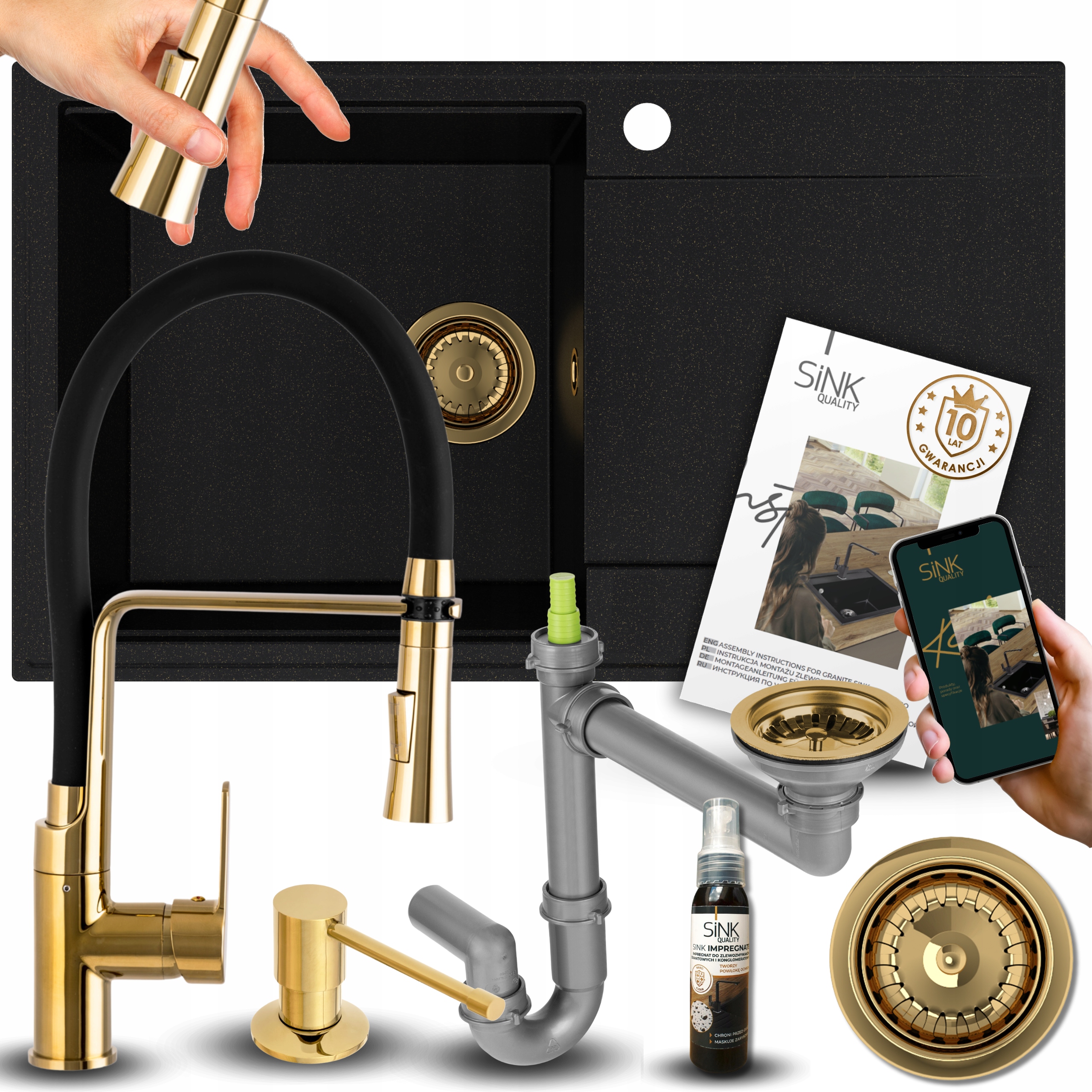 Granitový Zlatý Drez s odkvapkávačom Kuchynská Batéria Dávkovač Sifón