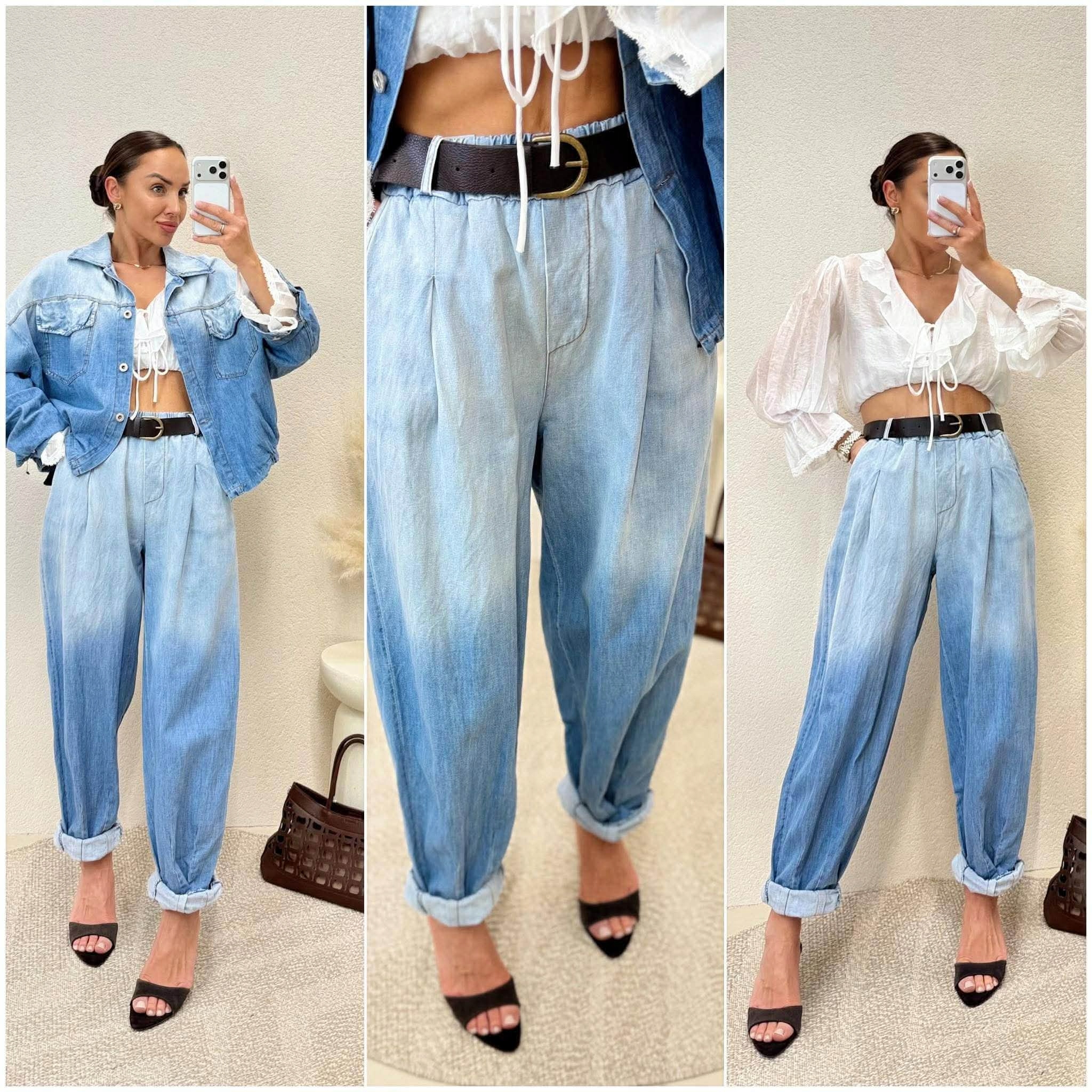 Komplet Italy kalhoty, bunda Nest tenký oversize jeans uni, S, M, L,
