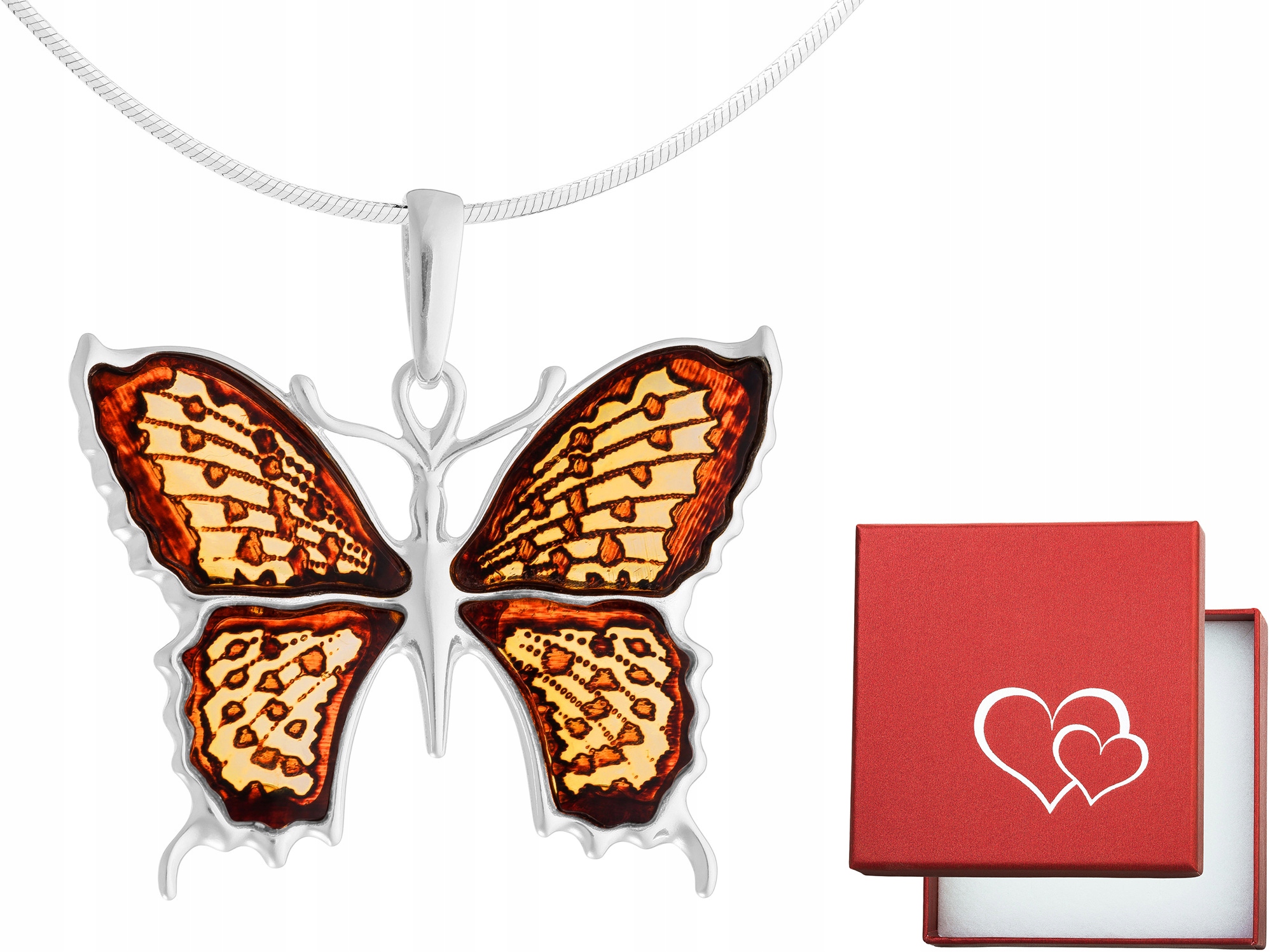 Velký stříbrný dámský náhrdelník Motýl s jantarem Motýlek Dlouhý Stříbro 55 cm