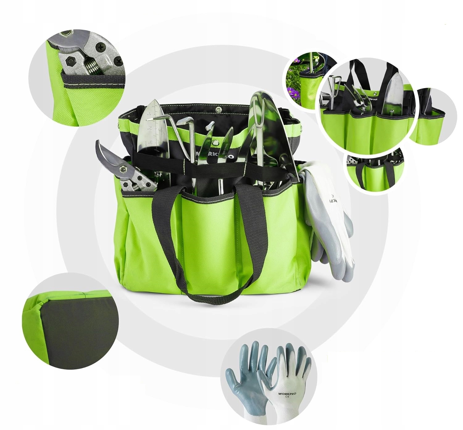 ZESTAW NARZĘDZI OGRODOWYCH DO PIELĘGNACJI ROŚLIN KWIATÓW +RĘKAWICE TORBA Marka Workpro