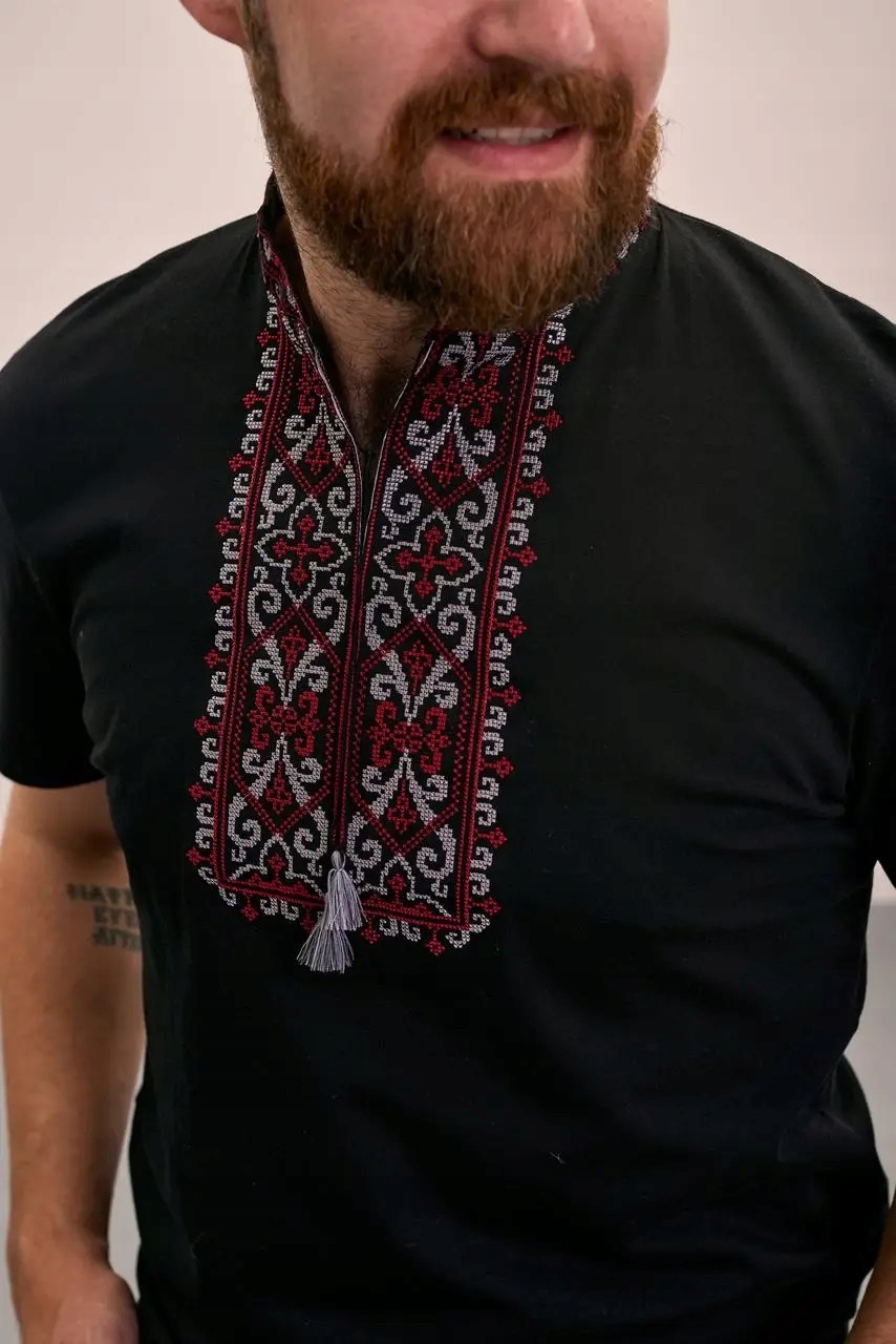 Pánská polokošile s výšivkou folk šedo-červená s výšivkou vel. L