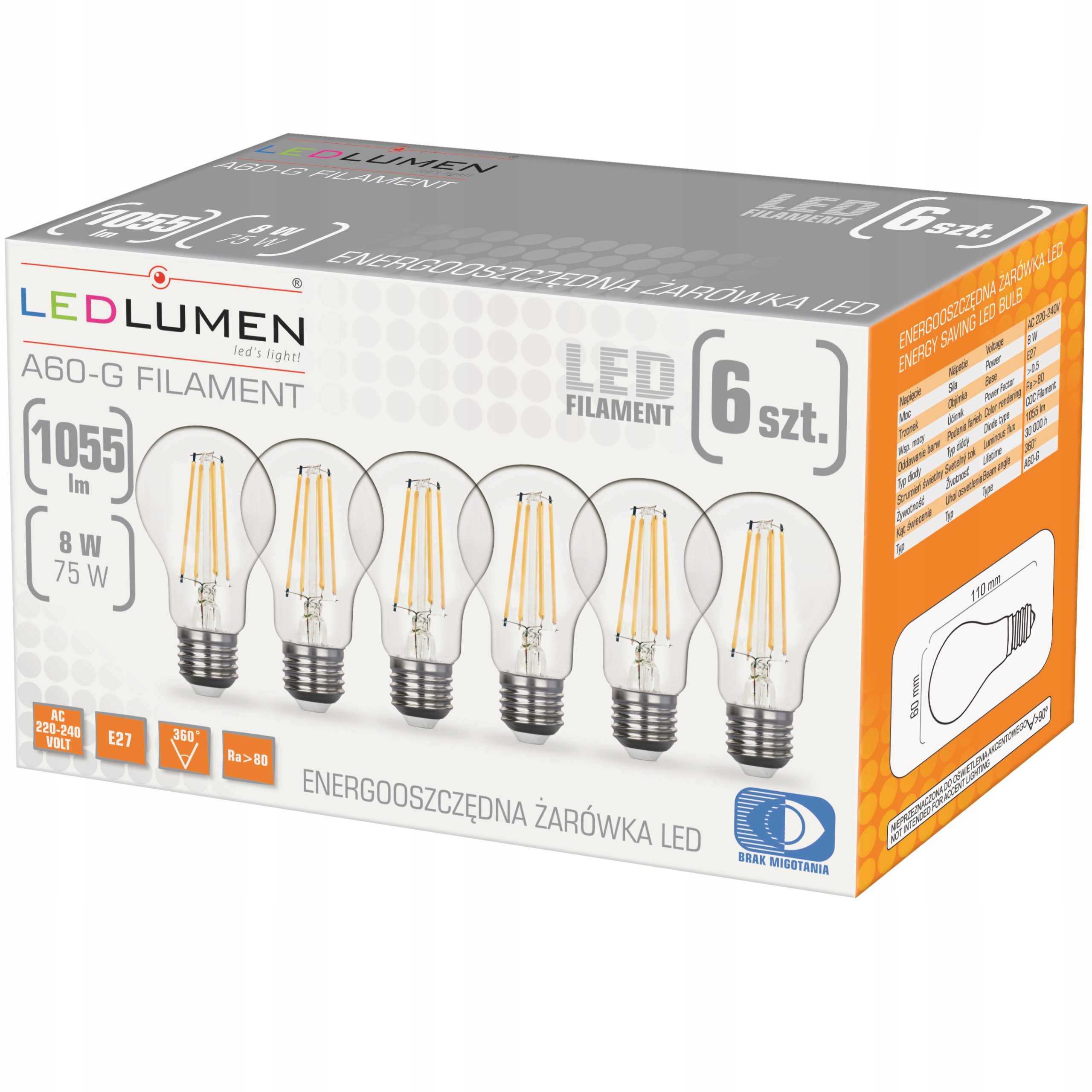 

Zestaw 6x Żarówka Led E27 8W=75W Filament 1055lm
