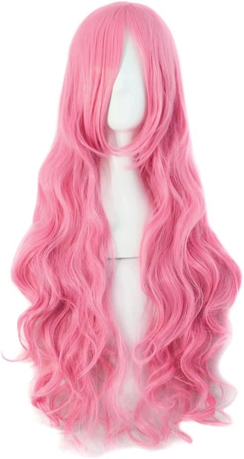 Paruka Kanekalon 80 CM, Kudrnatá, Tmavě Růžová, Cosplayová Ofina