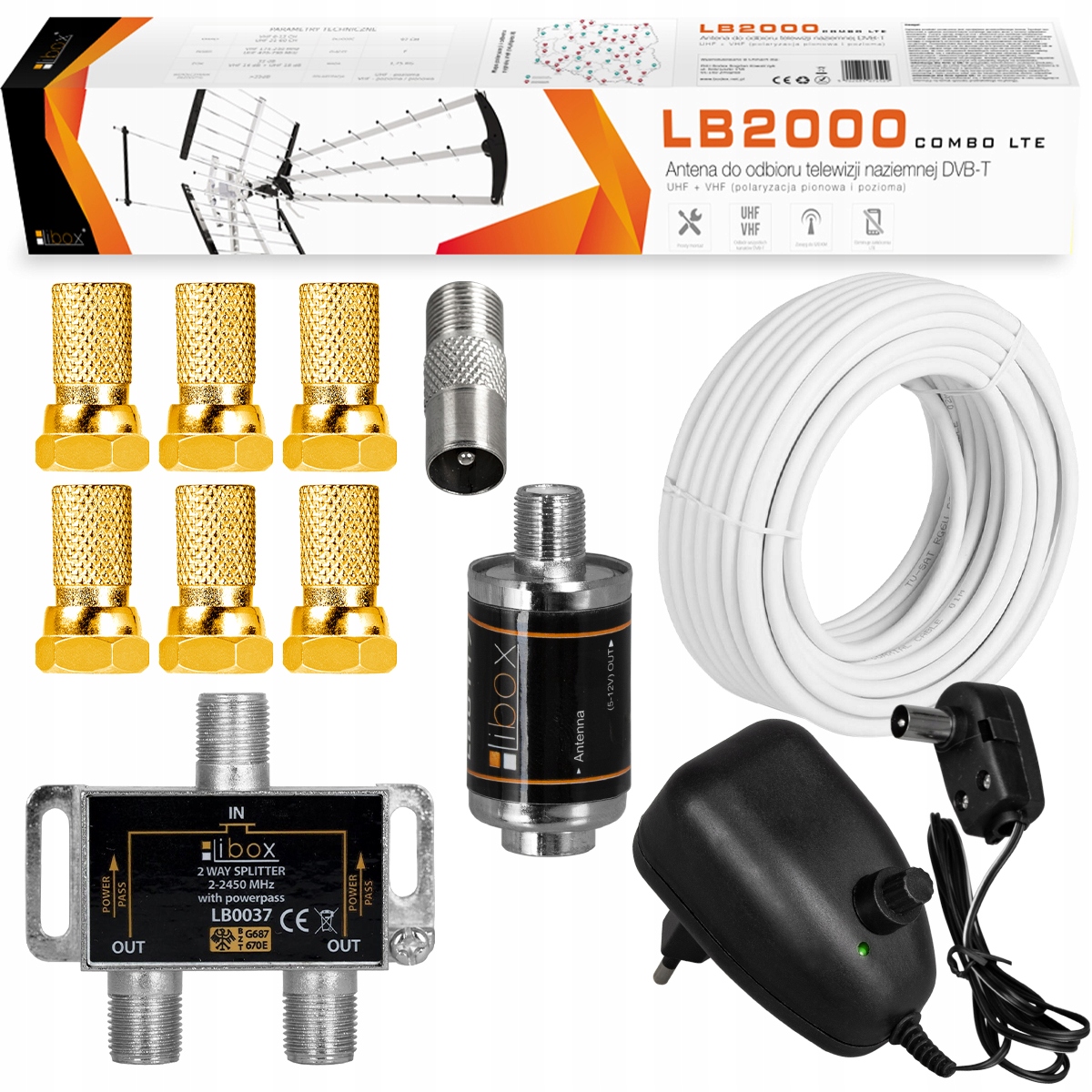 ANTENA DVBT2 DO TELEWIZJI NAZIEMNEJ COMBO 4K LTE MUX8 WZMACNIACZ ZESTAW 2TV Kolor szary