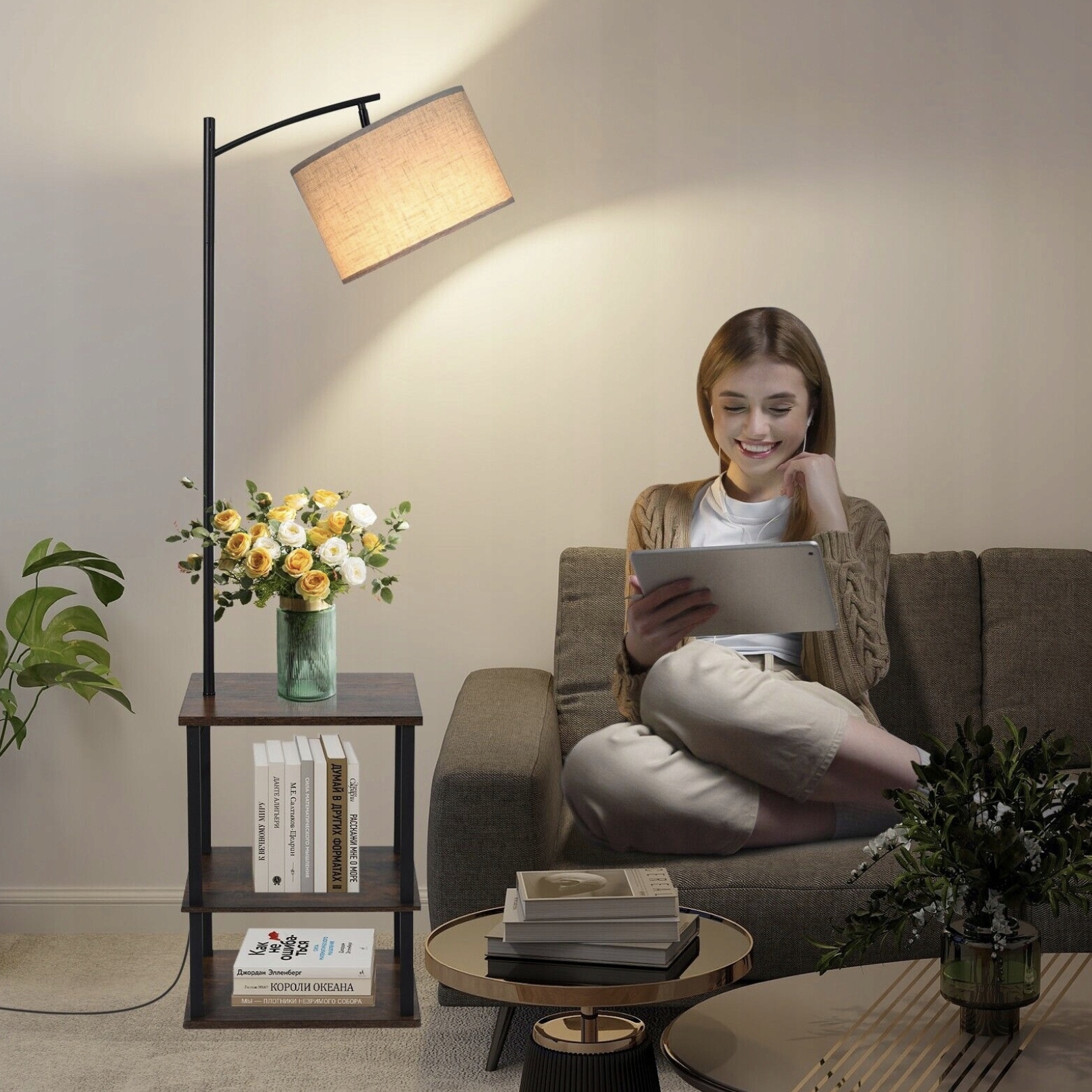 LAMPA PODŁOGOWA STOJĄCA ZE STOLIKIEM IKAWOWYM PÓŁKAMI NOWOCZESNA 2W1 Kod producenta 7483