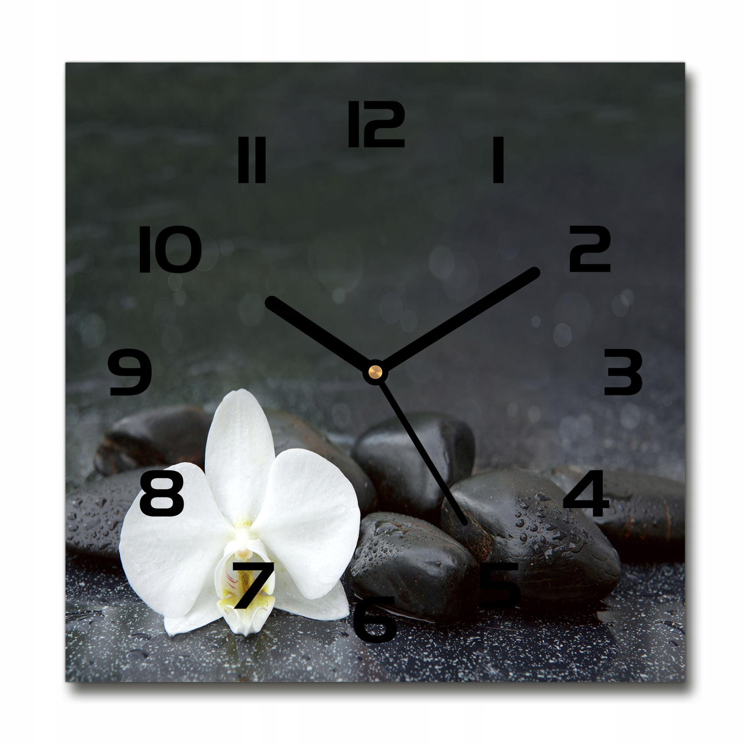 Skleněný čtvercový nástěnný hodinový stroj Orchidej 30 x 30 cm