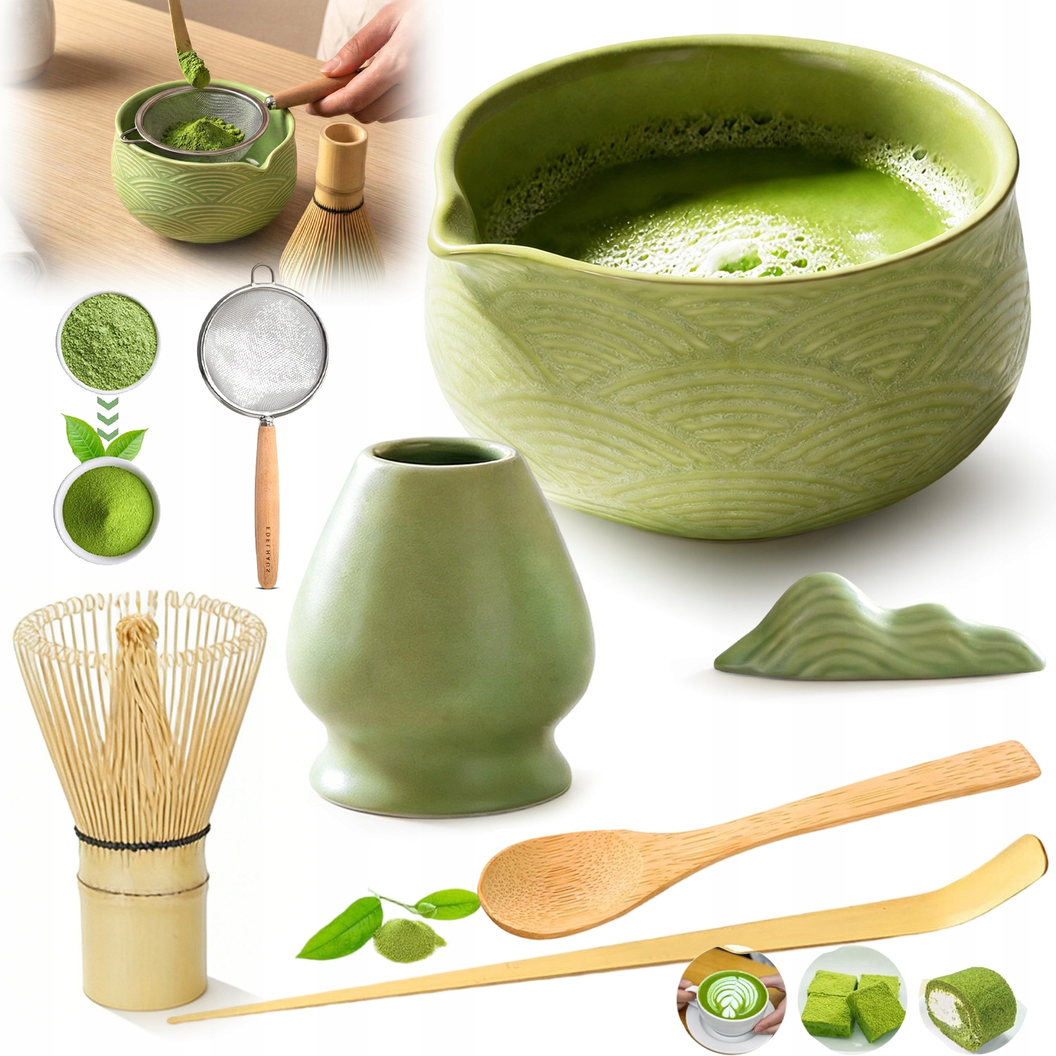 Zestaw Do Matchy 7W1 Ceramiczny Czarka Miotełka Łyżeczka Do Herbaty Matcha