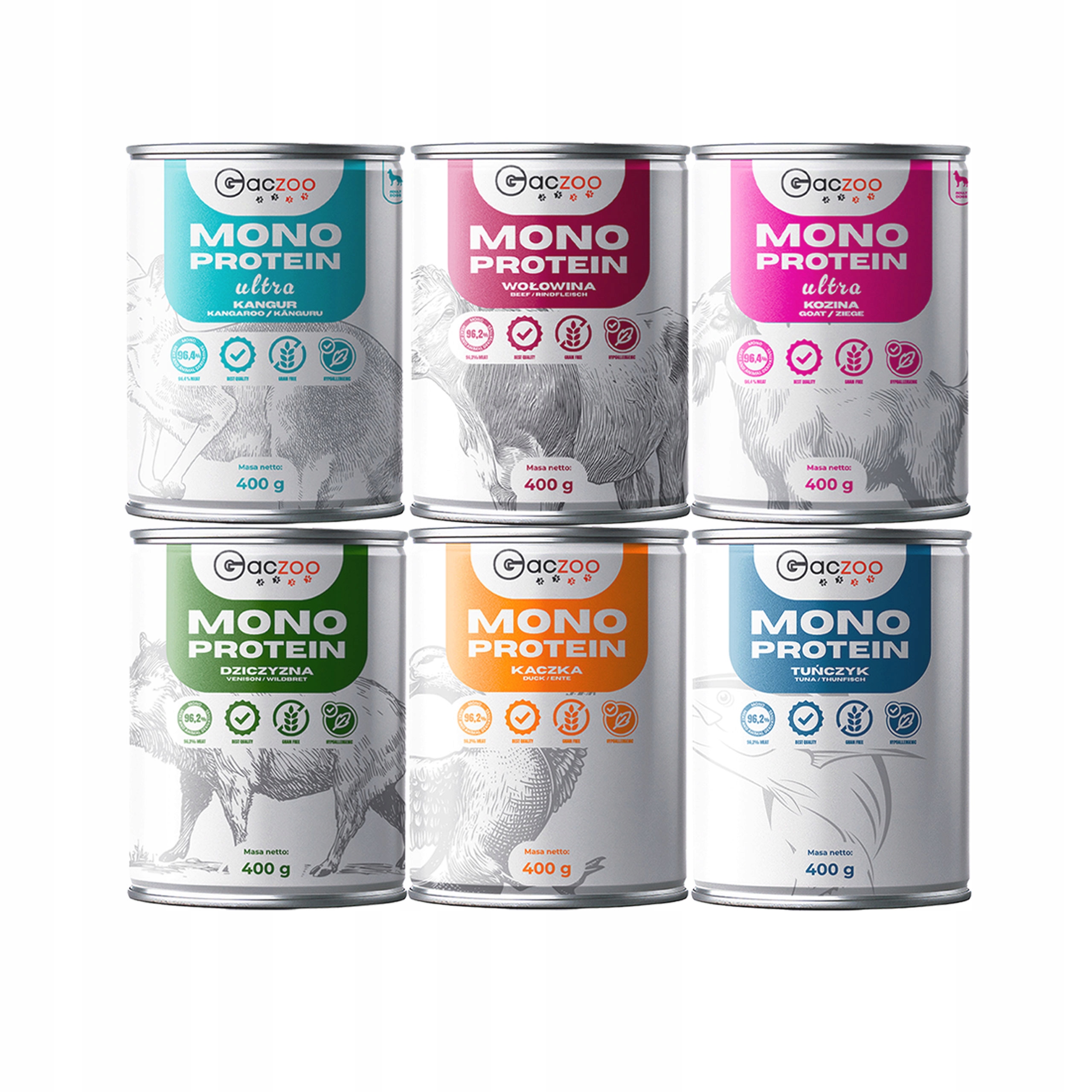 Levně Gaczoo Mono Protein monoproteinové krmivo mokré pro psa mix chutí 6 x 400 g