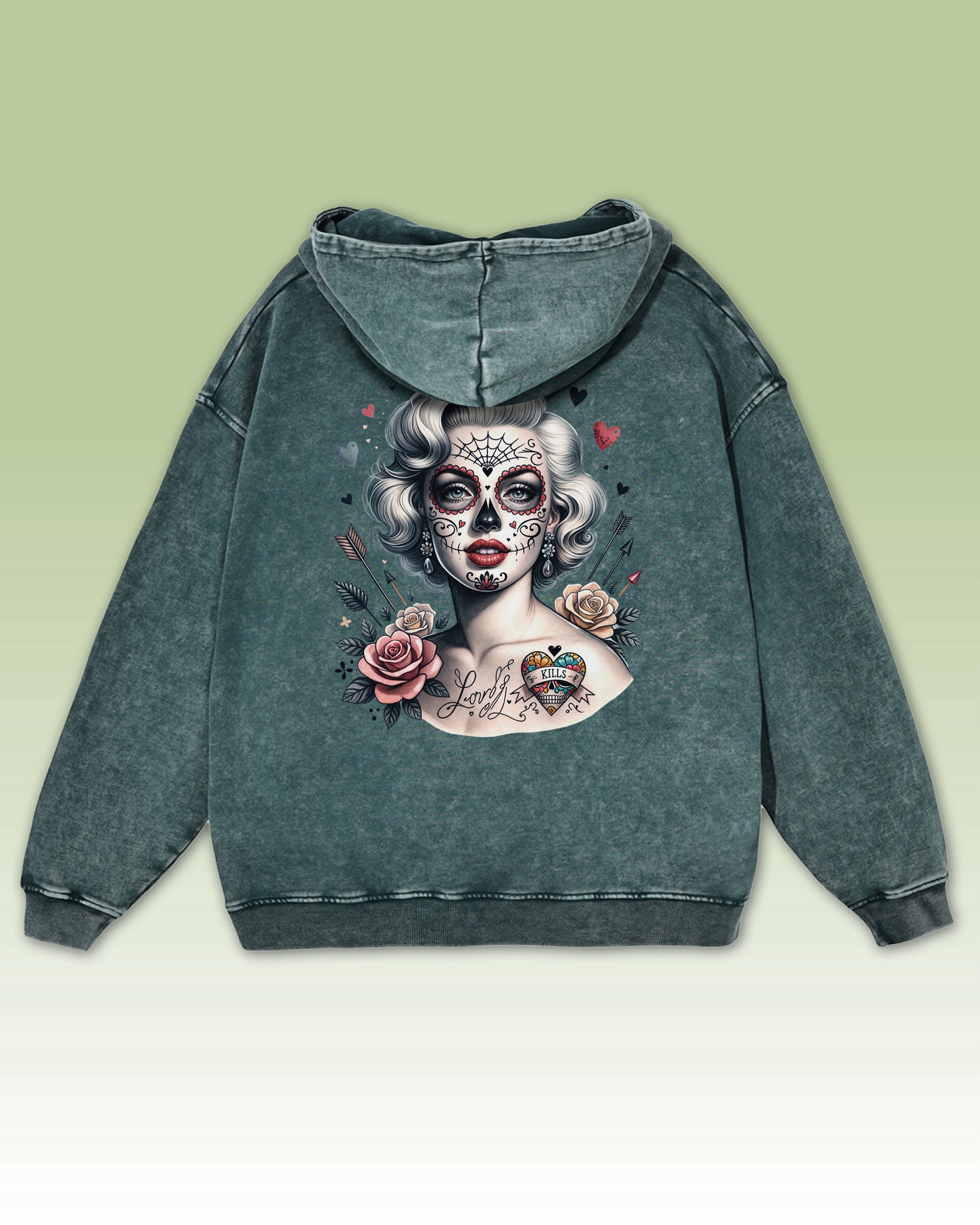 Tetování Marilyn Monroe Oversize mikina s kapucí zelená, velikost M