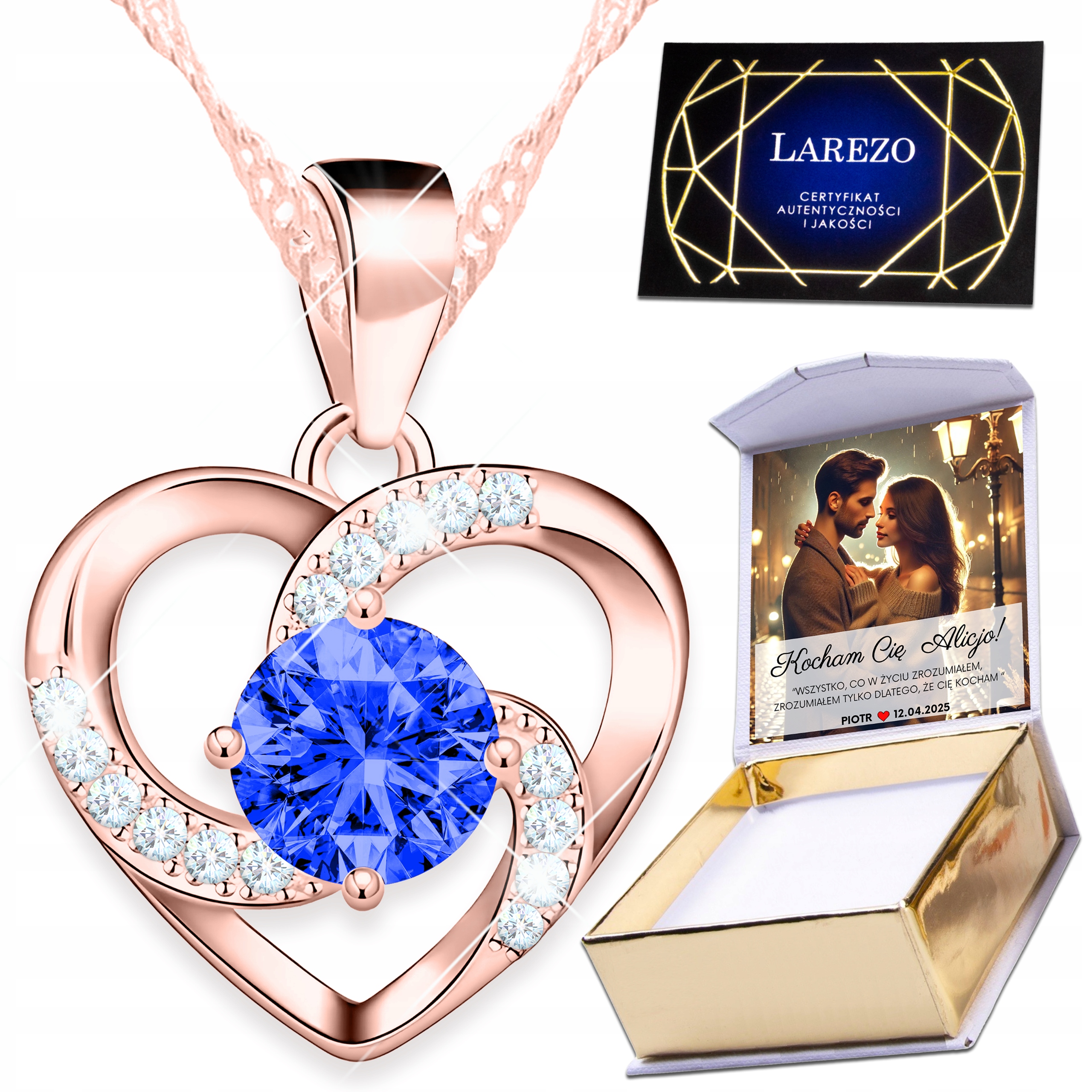 Pozlacený náhrdelník 925 Srdce Modré Očko Křišťál Zirkon Potisk