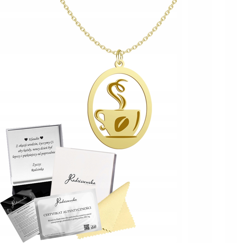 Zlatý náhrdelník Šálek Kávy Řetízek Stříbro 925 Dárek Věnování Zdarma