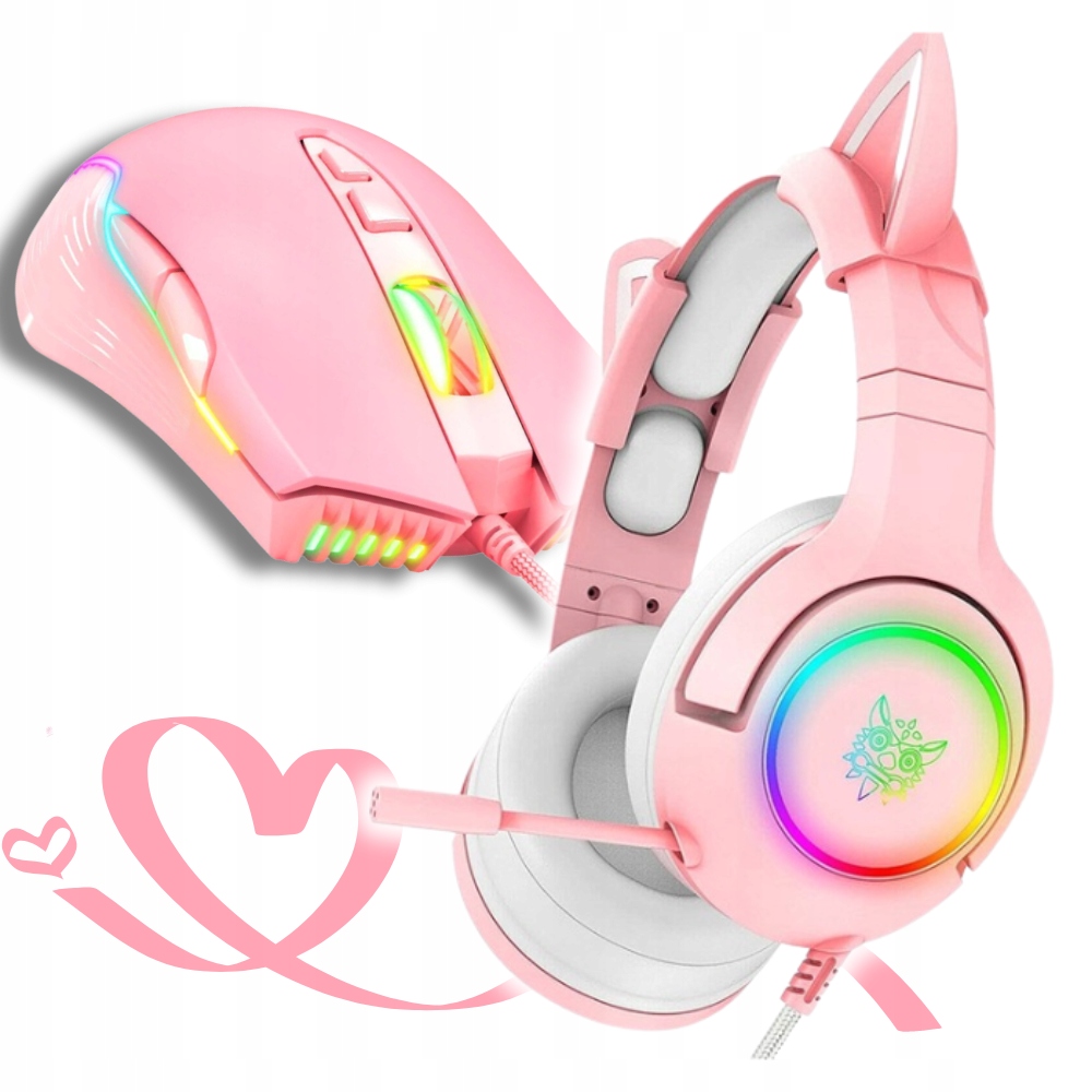 Herní Set Sluchátka do uší Kočičí Uši Herní myš Růžová