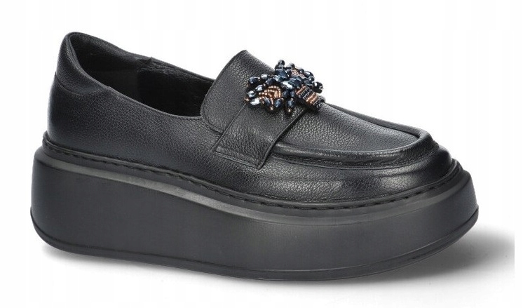 Černé dámské polobotky Kožené mokasíny na platformě s ozdobou Karino 40