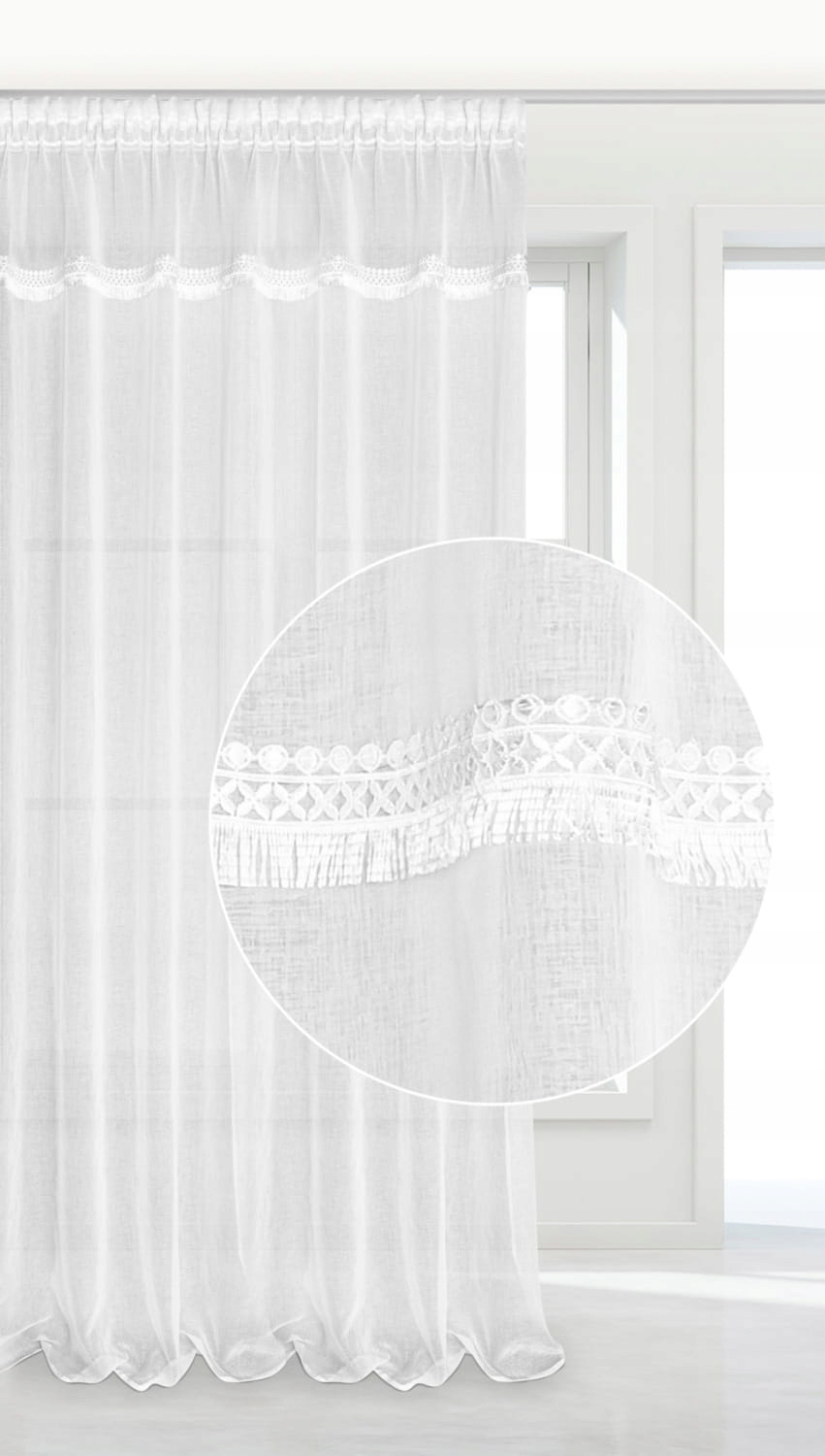 Hotová záclona na pásku Boho 300x270 bílá s krajkou