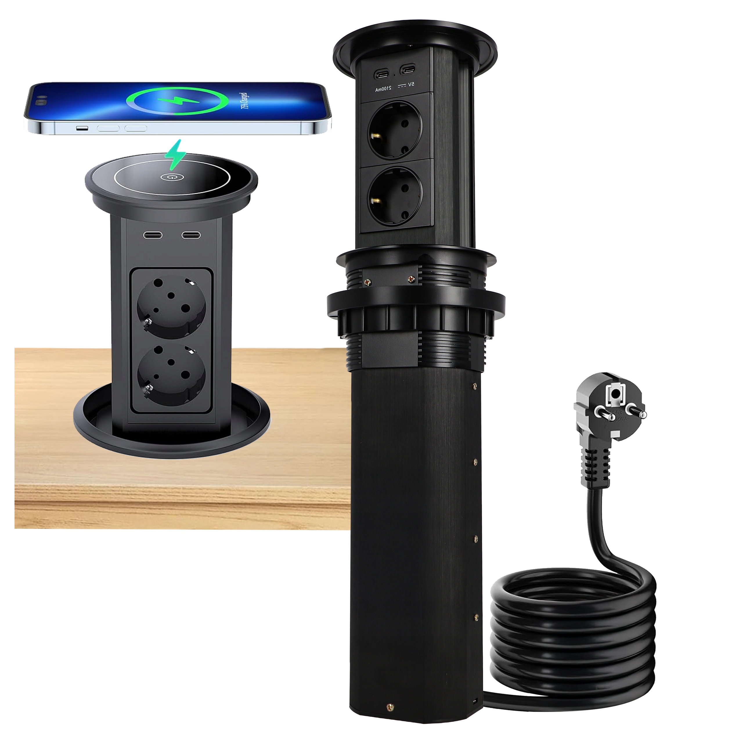 Automatická zásuvka na zapuštěnou desku Sklopná deska 2X 230V Nabíječka Qi