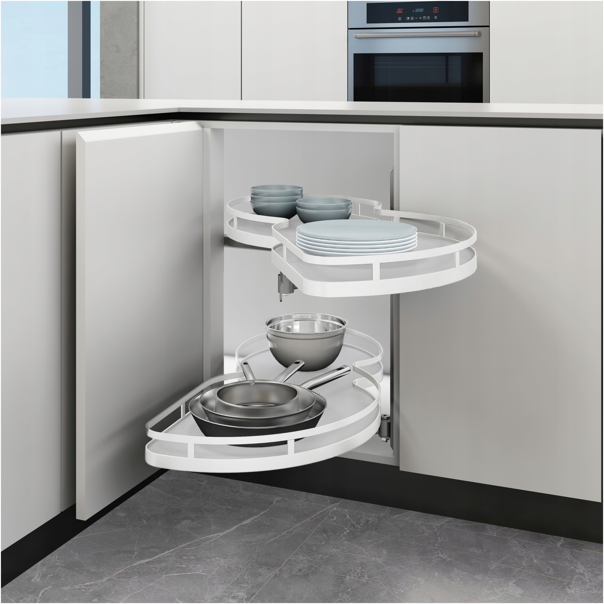 Rohový Cargo Košík do skříňky, ledvina Pravý 600, tiché dovírání, Bílý, pro rohovou skříňku